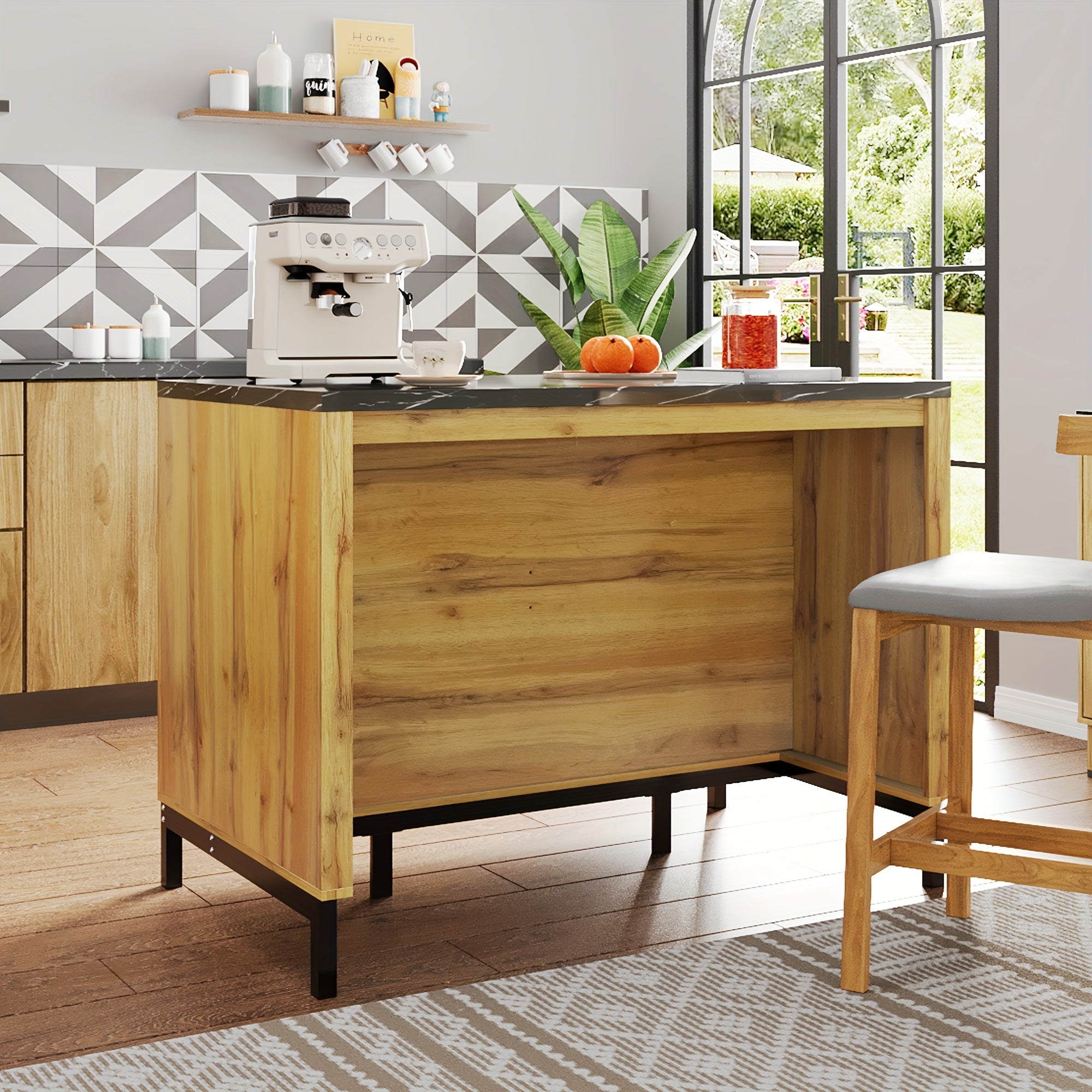 Îlot de cuisine style campagne 120×75×90 cm, avec 2 tiroirs et 4 étagères ouvertes, plateau en marbre noir & cadre métallique pour bar, Îlot avec Rangement et Assise, Îlot de cuisine avec rangement et sièges, Îlot de cuisine avec sièges, Îlot de cuisine