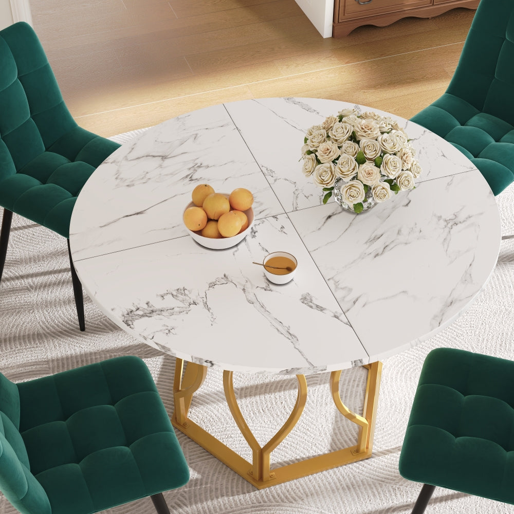 Ensemble de table et chaises de 5 pièces, 1 table ronde avec 4 chaises, table de salle à manger, table de cuisine ronde de 100 cm de diamètre avec pieds en métal doré, plateau en MDF blanc, chaises en velours vert foncé, table de négociation et chaises,