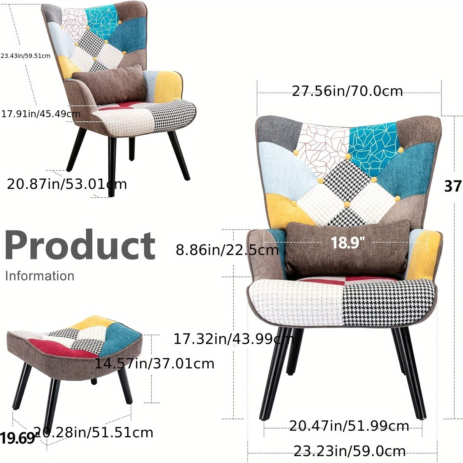 Fauteuil en Lin Patchwork Coloré avec Repose-Pieds, Design Scandinave en Bois Massif, Support Lombaire Ergonomique, Siège Décoratif Confortable pour Salon ou Bureau, Style Moderne Wingback avec Coussin en Éponge, Siège de Salon | Style Scandinave | Cadre
