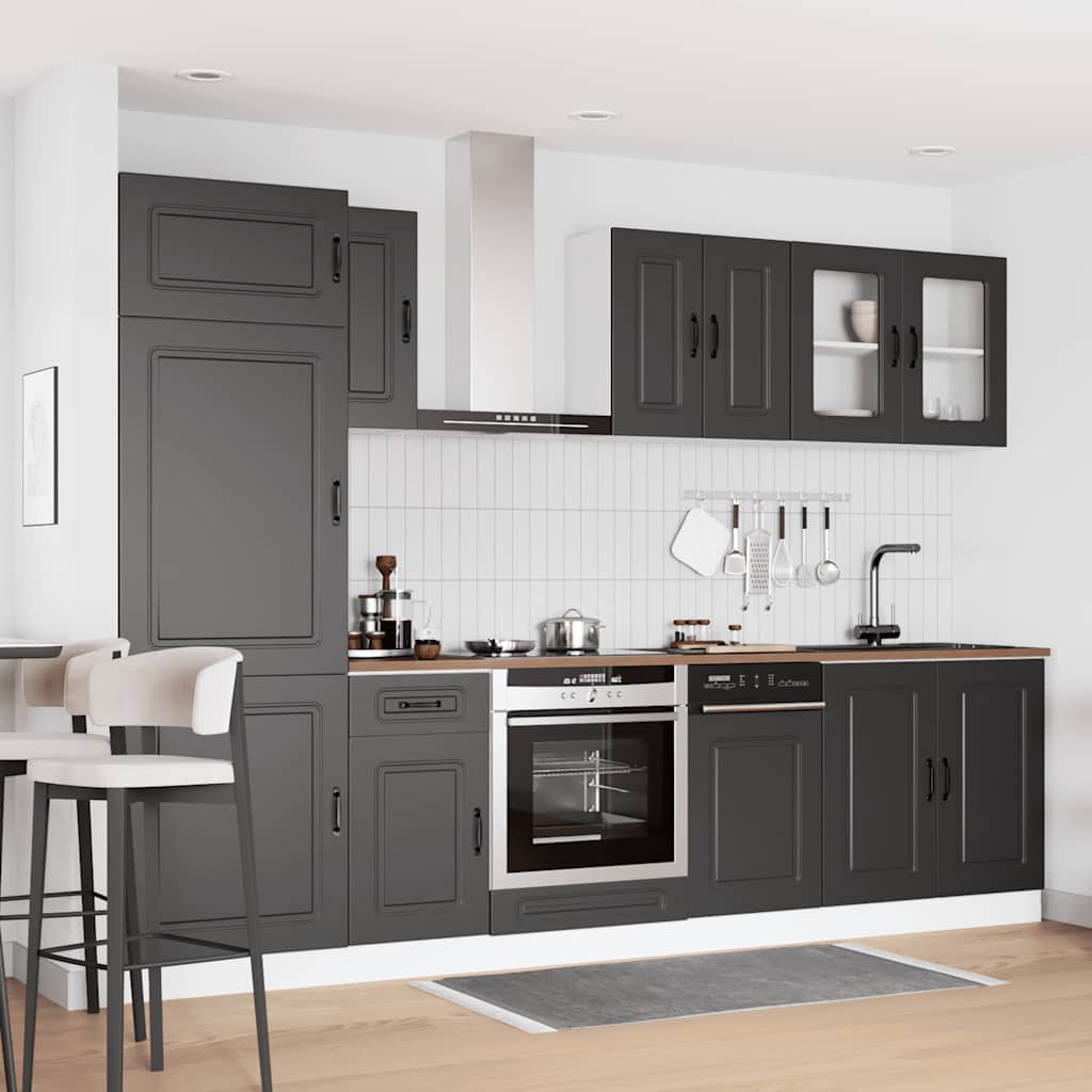 Ensemble de 8 pièces de meubles de cuisine Kalmar imitation bois noir - Étagère de cuisine moderne avec tiroirs et portes, ensemble de meubles de cuisine brillant, solution de rangement pour cuisine, salon cuisine et garde-manger, accessoires de cuisine