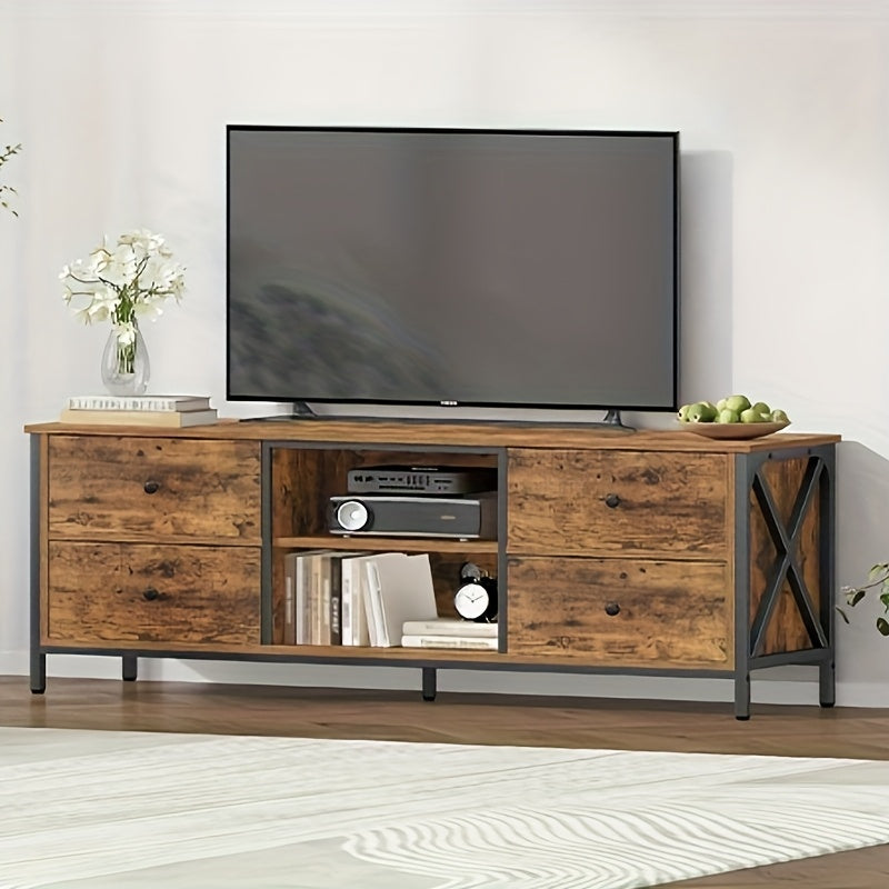 Meuble TV avec 4 tiroirs, support pour télévisions de moins de 65 pouces, 2 compartiments ouverts, 40 x 147 x 50 cm, meuble salon/chambre vintage marron noir, Console Média,Meubles Classiques,Rangement Ouvert,Étagère d'exposition,Vie en Appartement,Passi
