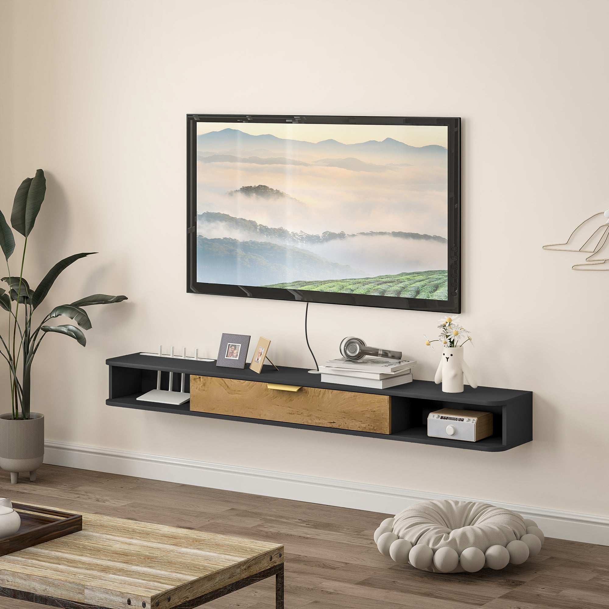 HOMCOM Meuble TV suspendu meuble télé bois banc TV mural avec compartiments ouverts, porte rabattable et passe-câbles, pour salon chambre à coucher, 160 x 24 x 16 cm, gris