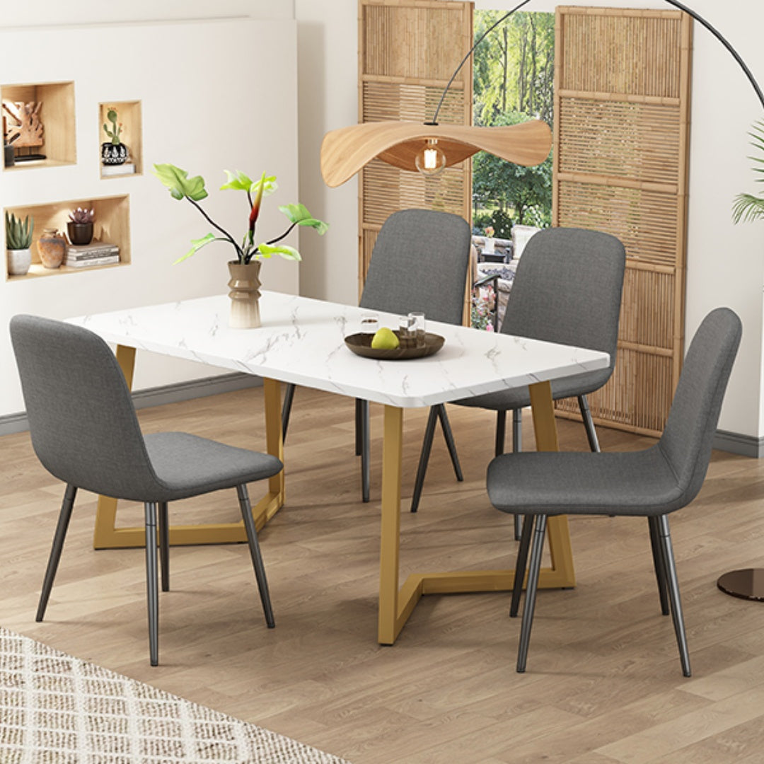 Essgruppe, (5 pièces), Table à manger avec 4 chaises Set de table de cuisine moderne, chaises à manger en design moderne avec appui à dos, jambes en métal, lin gris, jambes de table dorées