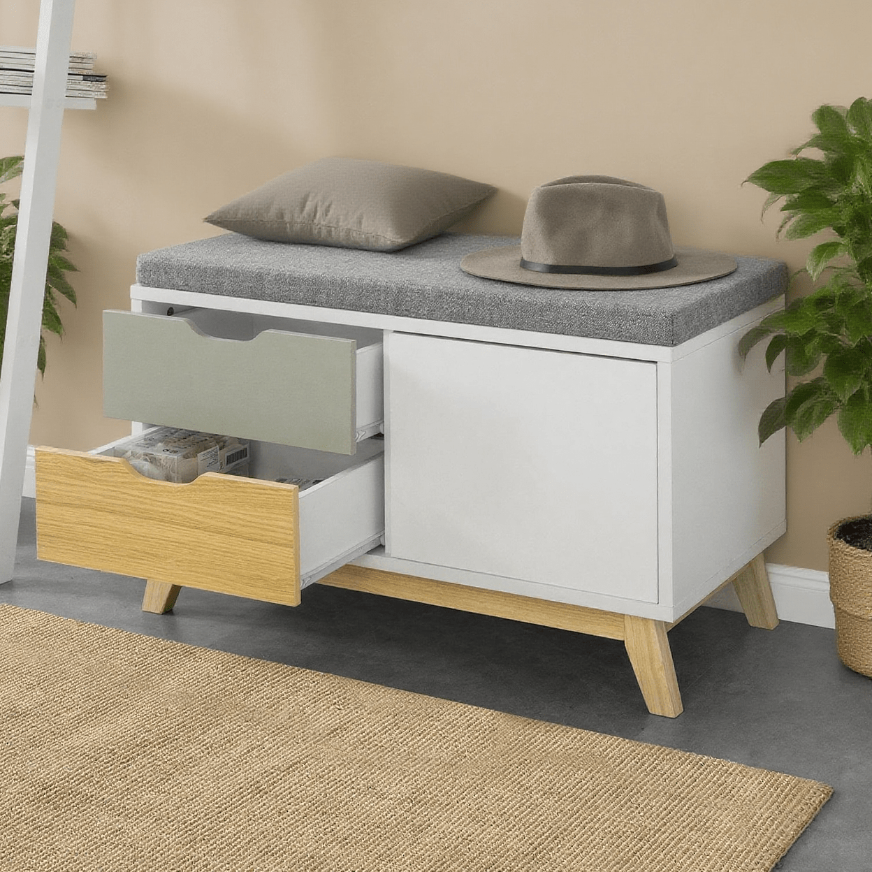 Banquette à Chaussures, Banquette à Coffre, Banquette de Rangement, Banquette de Garde-Robe, Banquette de Lit, Organisateur de Chaussures, Armoire à Chaussures, Tabouret, Style Scandinave, Pieds en Bois, Rangement Économiseur d'Espace, Capacité de Charge