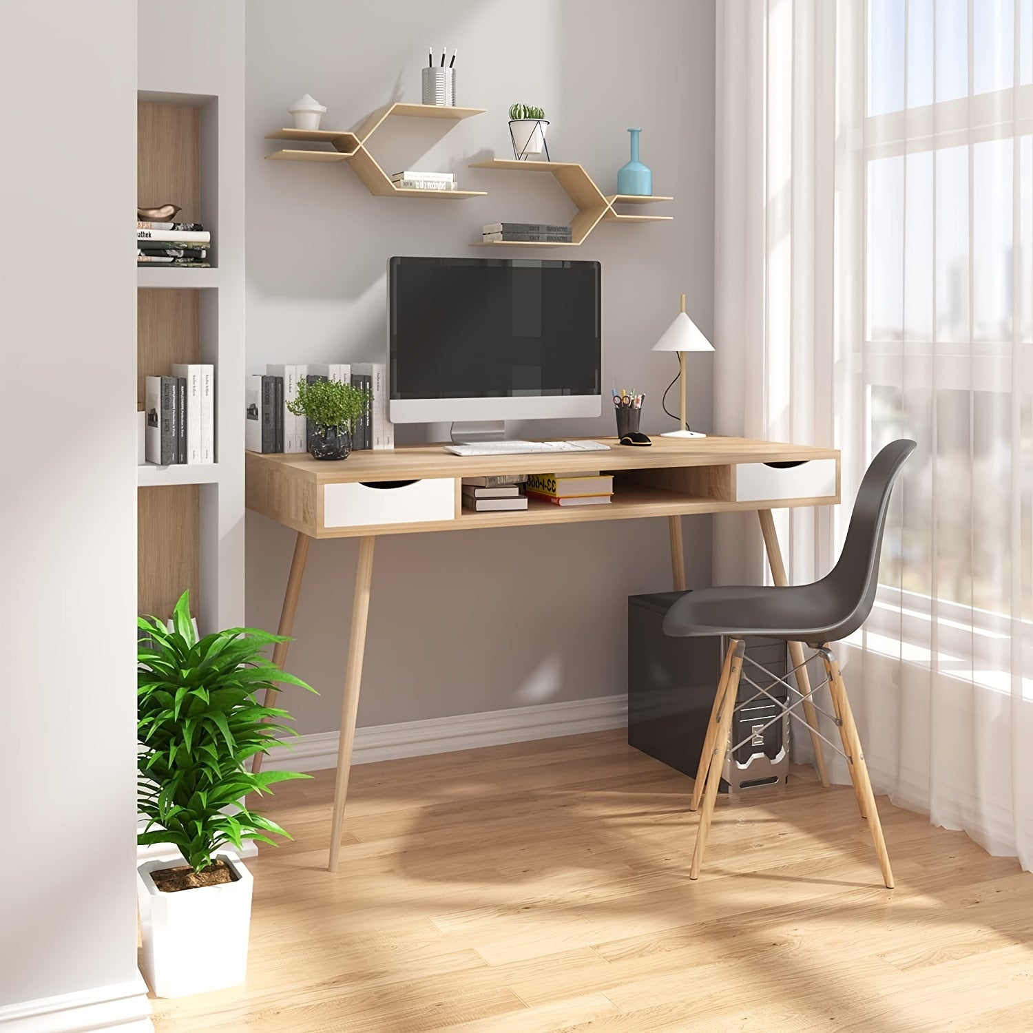1pc Bureau en Bois avec 2 Tiroirs et 1 Compartiment Ouvert, Cadre en Acier, Table d'Ordinateur Poste de Travail Maison Bureau Ordinateur Portable Bureau 120x58x77cm Hêtre