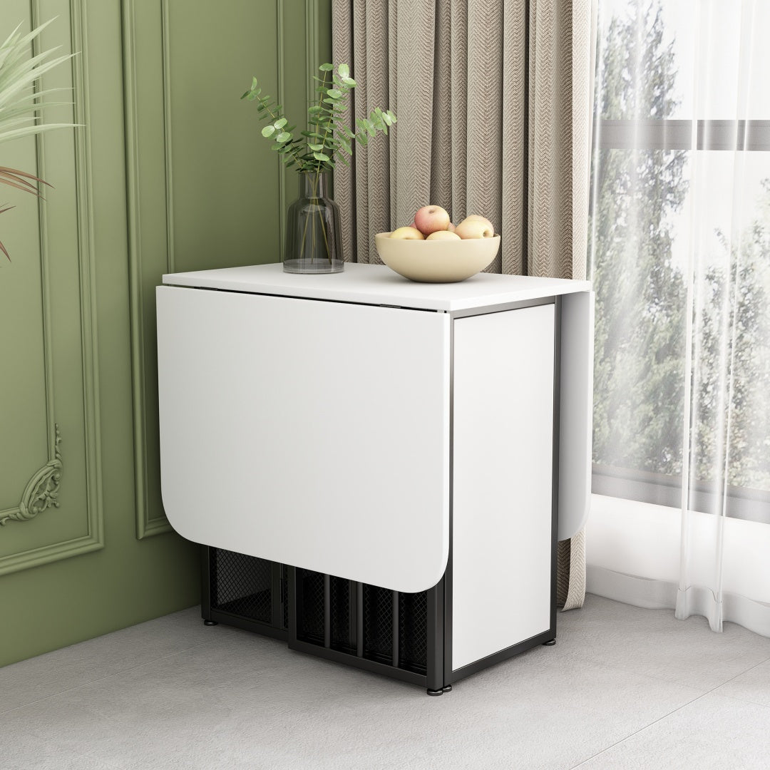 Table à Manger Pliable Extensible Multifonction avec Rangement Mobile 3 Formes 160 x 70 x 75 cm (Blanc+Noir)