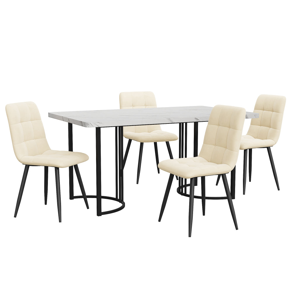 Ensemble de table à manger à la mode 5 pièces, une table à manger avec 4 chaises, ensemble de table à manger de cuisine moderne, table à manger avec plateau carré en MDF, chaises de salle à manger en velours beige, table à manger de 140*80*75 cm, chaises