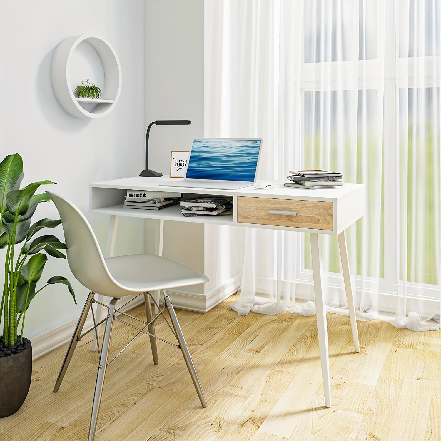 1pc Bureau D'ordinateur Blanc Bureau de Travail Avec Tiroirs Et Compartiments Ouverts, PC Ordinateur Portable Jeux de Restaurant, Peut Fournir Une Zone de Bureau D'apprentissage Avec Une Ample Place de Stockage : 110x50cm