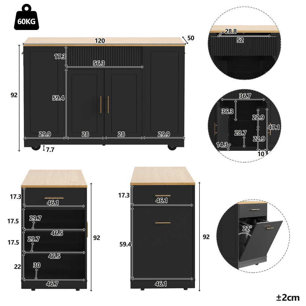 Ile de cuisine minimaliste moderne, armoire de cuisine, buffet, mesurant 120 x 50 x 92 cm, îlot de cuisine mobile, chariot de cuisine portable avec roulettes, compartiment poubelle, étagères réglables, deux portes et trois tiroirs, chariot de cuisine pli