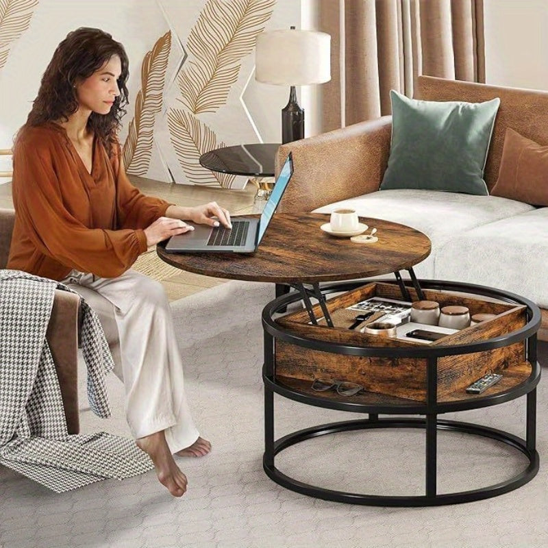 Table basse ronde élégante Haus avec plateau relevable, table de salon avec compartiment de rangement caché, table d'appoint ronde avec espace de rangement pour le bureau à domicile, tables rondes du milieu, salon