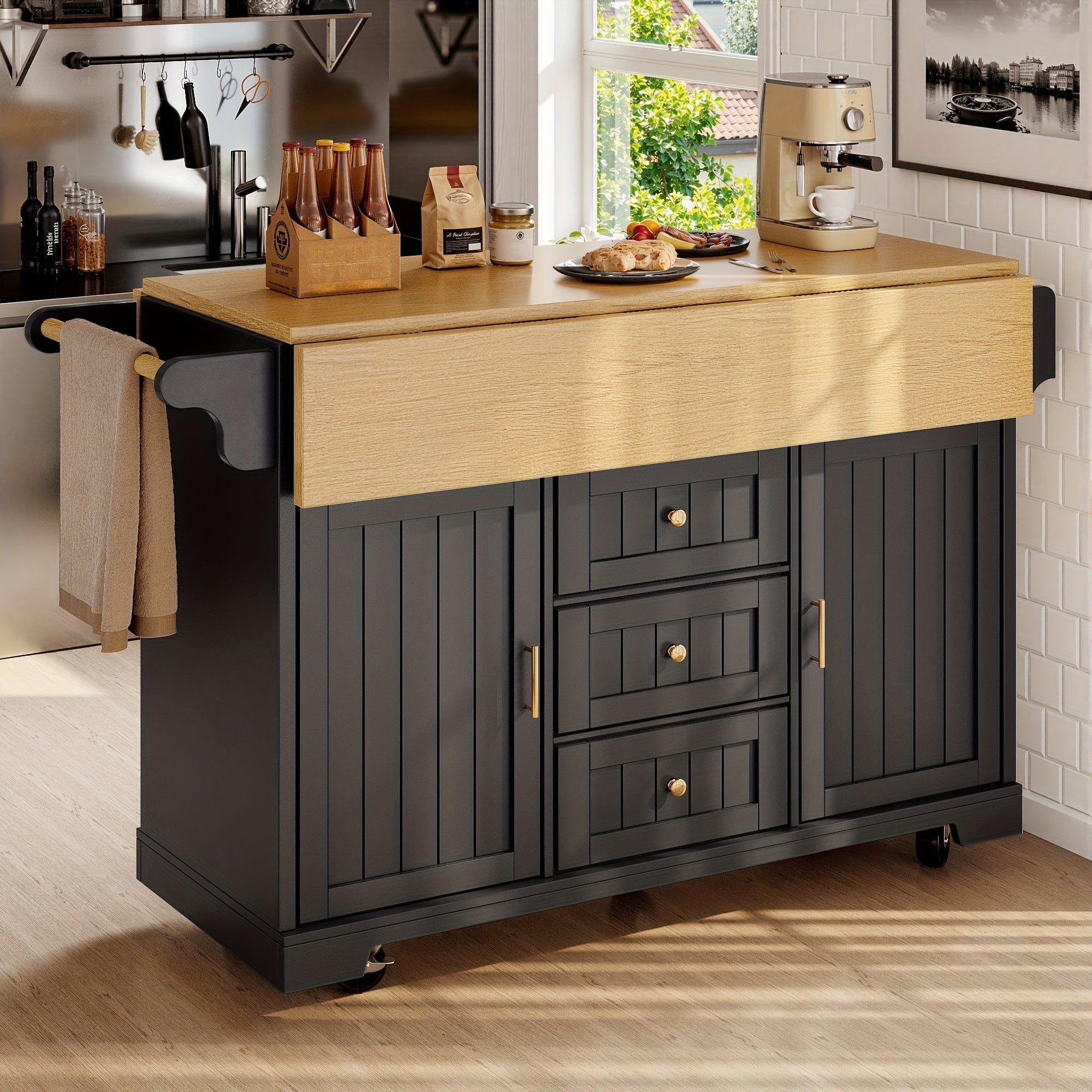 Ile de cuisine, armoire, buffet 120 X 40 (80) X 95 cm, chariot de cuisine rétractable avec roulettes, rétractable des deux côtés, avec porte-serviettes et étagère à épices, grande capacité pour un rangement facile, deux portes, trois tiroirs, îlot de cui