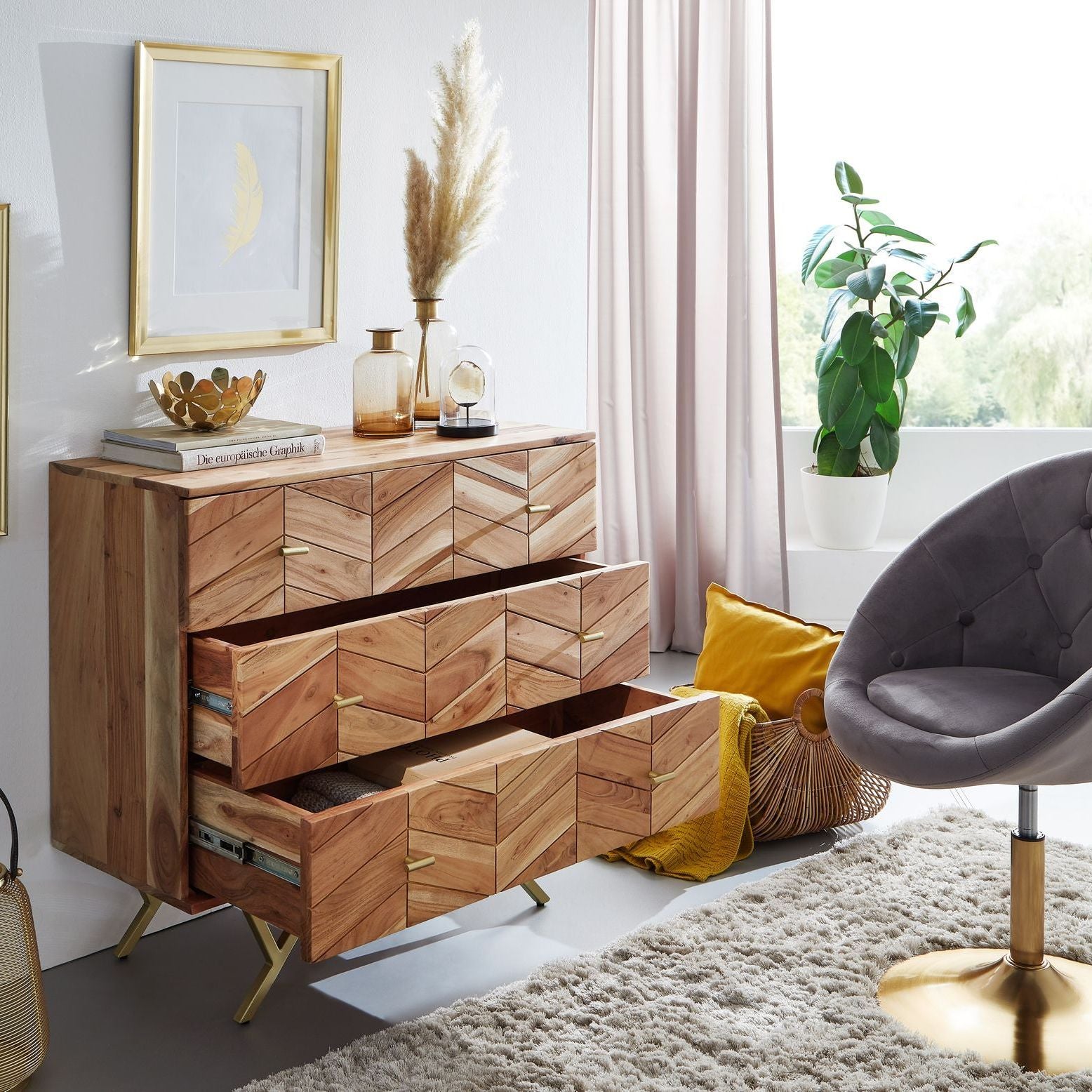 Commode en Bois Massif 90cm Acacia Naturel avec 3 Tiroirs, Buffet Métal Doré