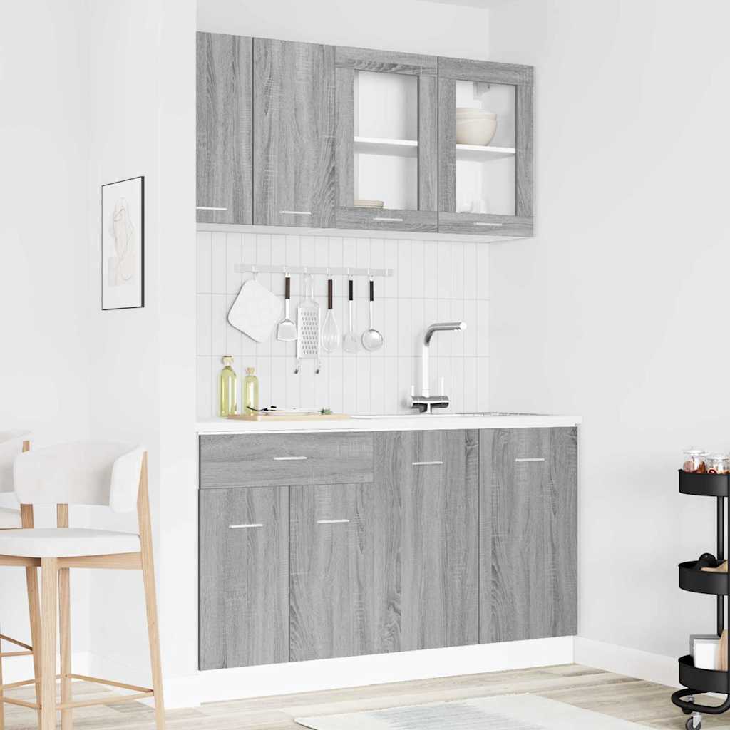 Ensemble de meubles de cuisine Lyon 4 pcs Sonoma gris Armoire，Buffet，Tiroir(s) Meuble Grand espace de rangement avec multiples composants ; Anti-graisse / anti-humidité et étanche ; Montage facile ; Matériaux durables et robustes, sans déformation après