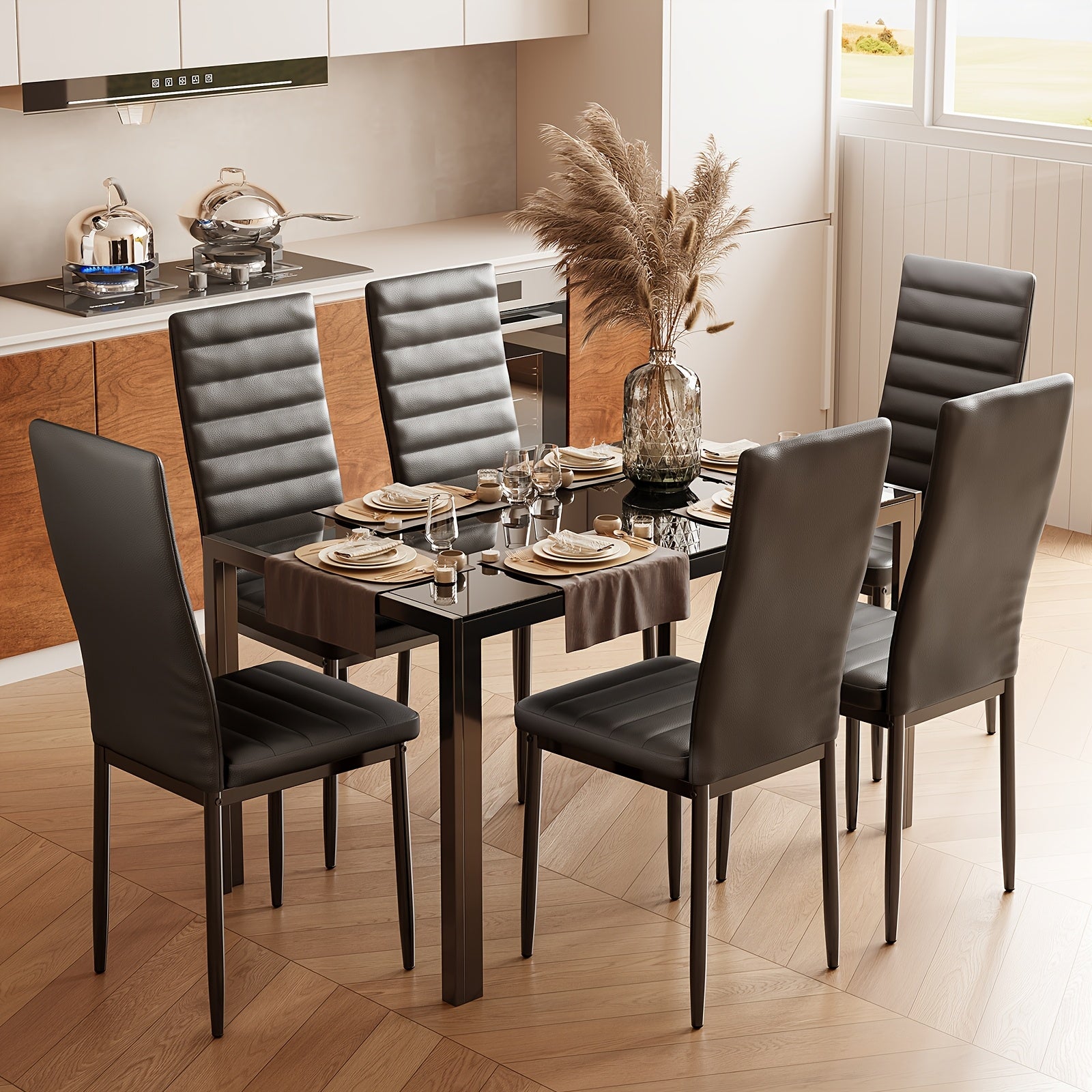 Ensemble de salle à manger moderne à 6 places avec table en verre trempé et 6 chaises rembourrées - Style contemporain noir et blanc, table ronde peu encombrante pour cuisine, salle à manger, salon - Surface durable et facile à nettoyer, confortable, pas