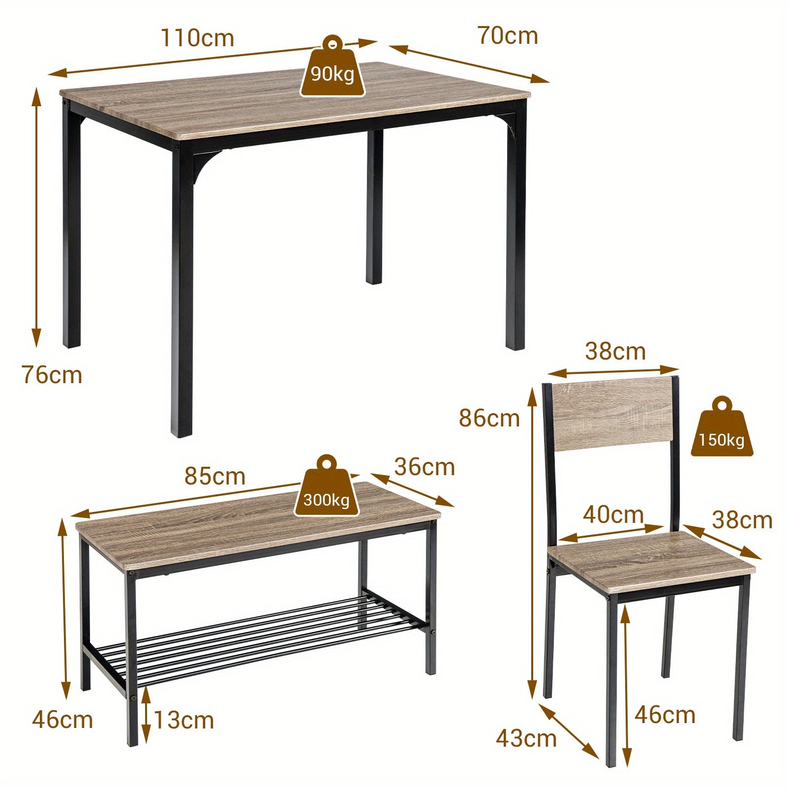 Ensemble de table et chaise de salle à manger 4 pièces, ensemble de table de réunion industrielle avec 2 chaises et 1 banc, ensemble de cuisine peu encombrant avec cadre en métal et étagère de rangement, ensemble de bureau fonctionnel moderne pour le tra