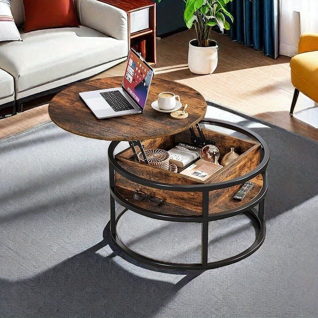 Table basse ronde élégante Haus avec plateau relevable, table de salon avec compartiment de rangement caché, table d'appoint ronde avec espace de rangement pour le bureau à domicile, tables rondes du milieu, salon