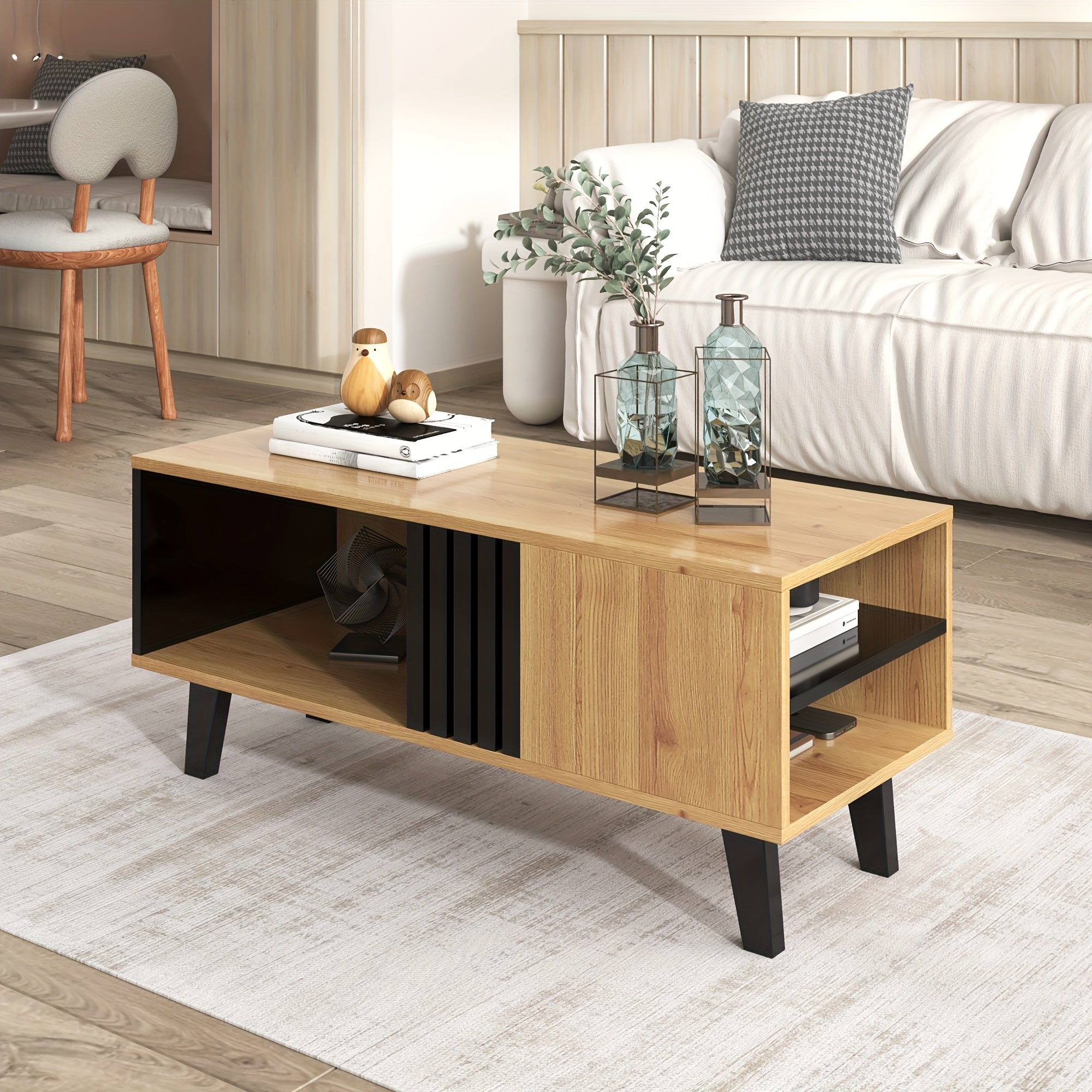 Table Basse Moderne en Bois Noir et Teinté avec Tiroir - Unité de Rangement en Bois Dur Gain de Place pour Salon, Entrée ou Chambre à Coucher, Design Minimaliste avec Étagères en Verre et Solution de Stockage Élégante, Table Basse pour Salon