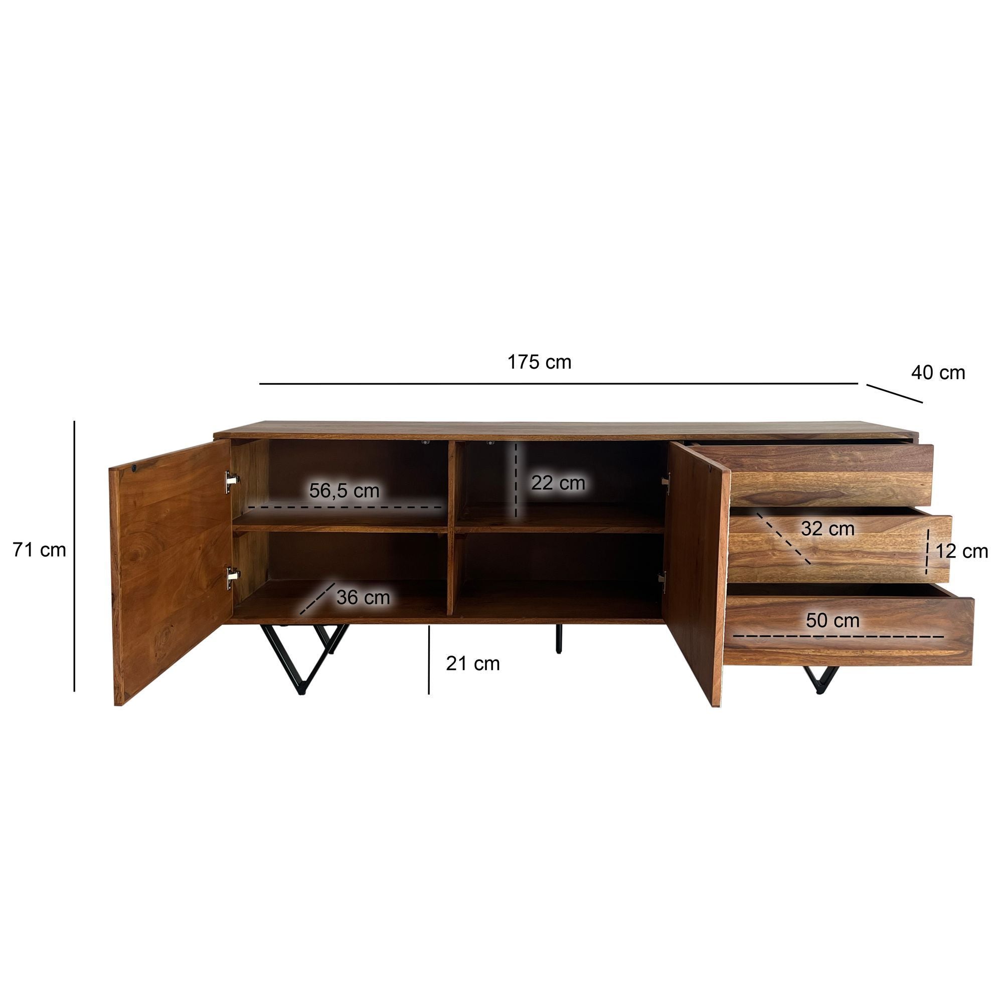 Buffet 175x71x40 cm en Bois Massif Sheesham avec Finition Pierre Blanche, Armoire Haute Moderne, Meuble de Salon avec 2 Portes et 3 Tiroirs, Buffet pour Salon