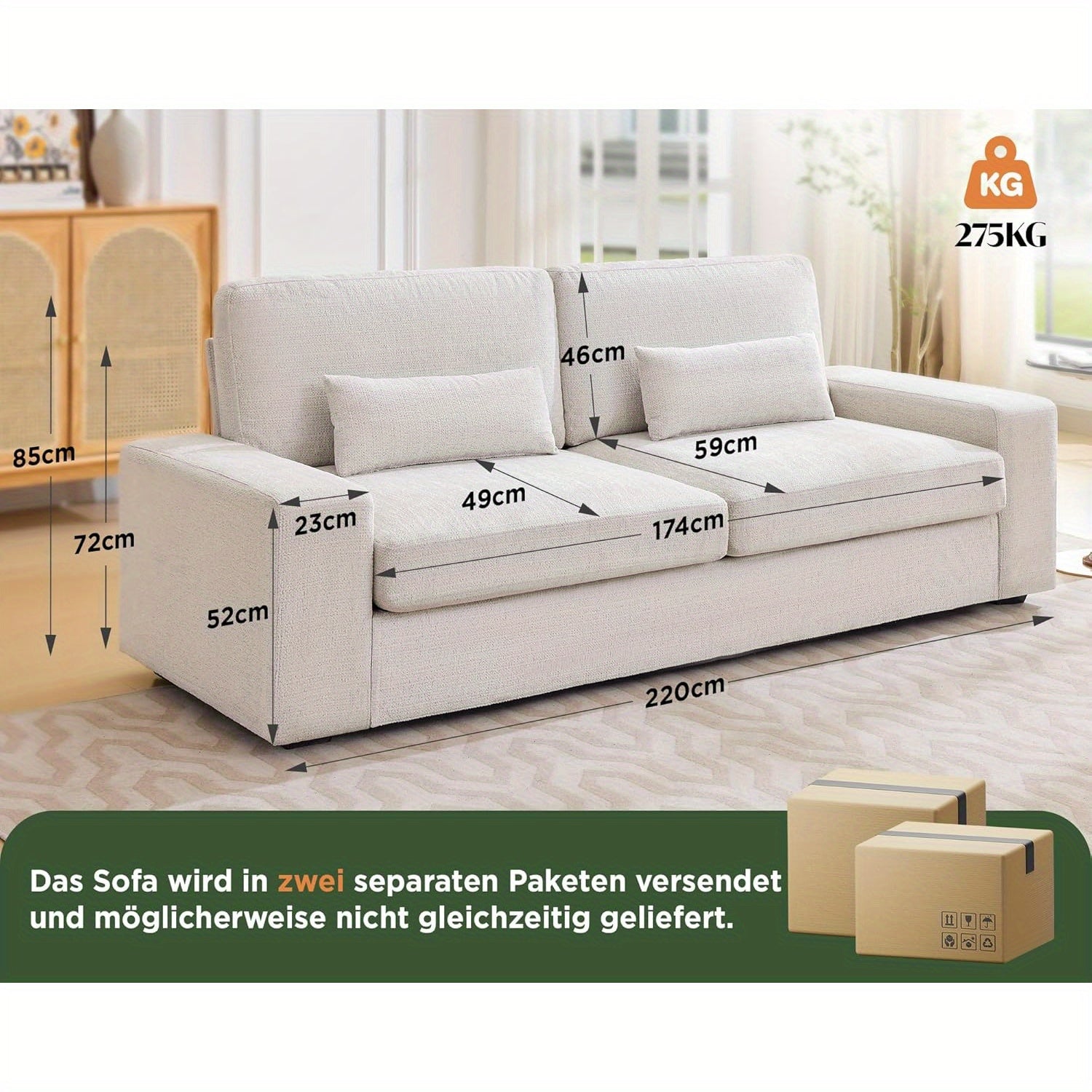 Canapé 3 places beige Chenille LUXOAK 220cm - Siège profond avec accoudoirs larges et assemblage facile, design moderne pour salon et chambre, blanc, coussin en mousse, cadre en bois, aucune alimentation nécessaire, chaise longue, meubles contemporains,