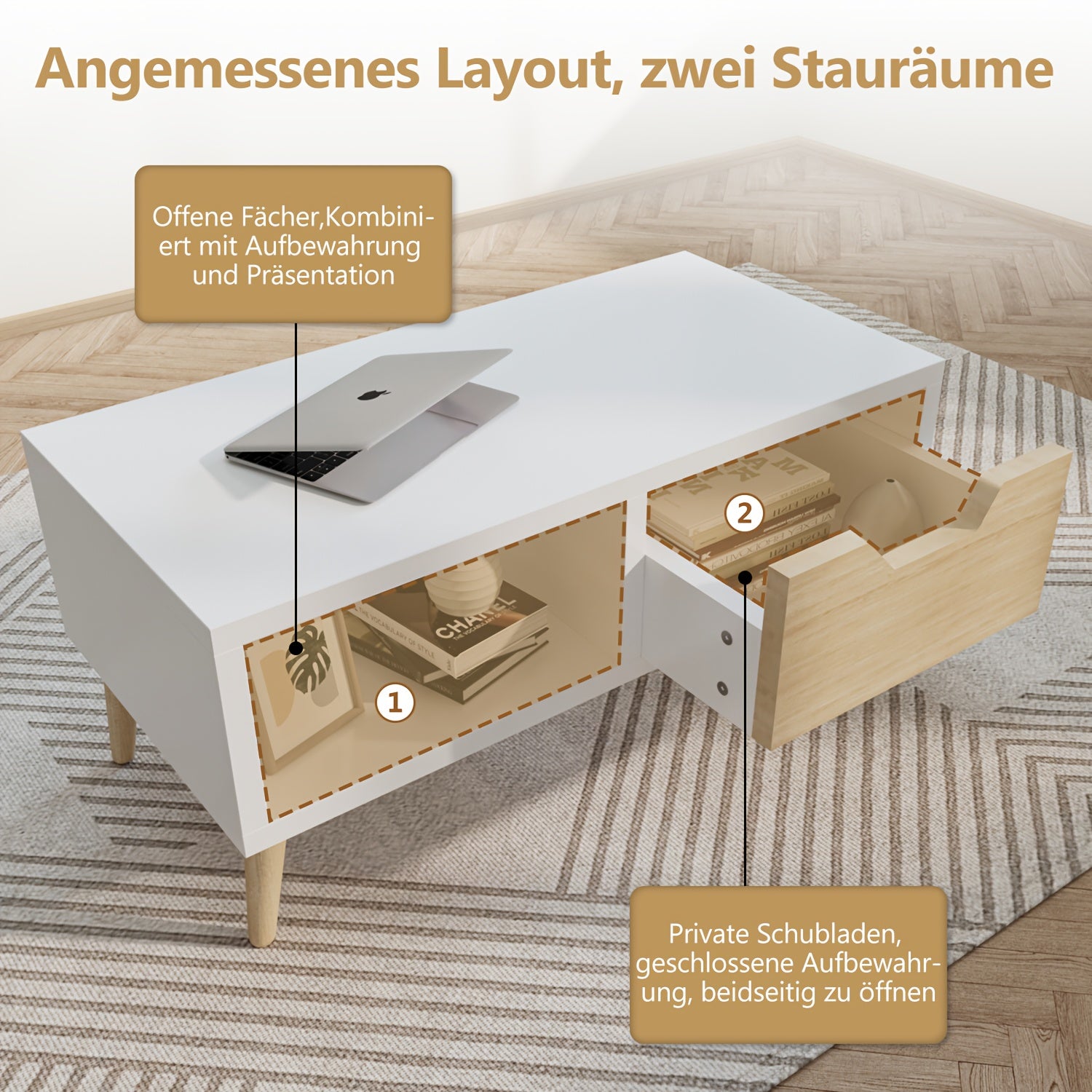 Table Basse Multifonctionnelle et Polyvalente, Table de Salon-Bureau avec Grand Compartiment Ouvert Tiroir Inclus pour Séjour ou Chambre