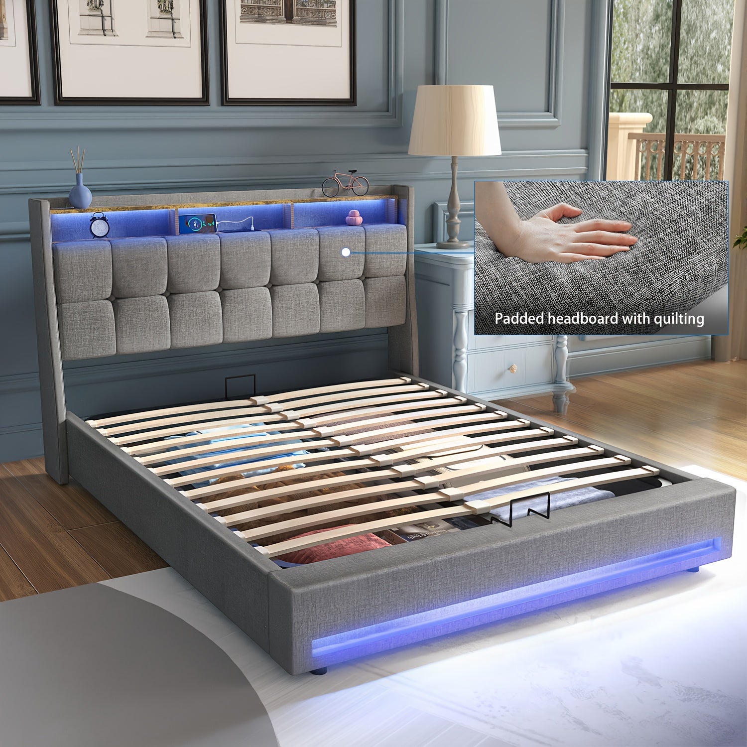 Cadre de lit double avec rangement, cadre rembourré ottoman à tête-de-lit et système hydraulique, 160x200 cm en lin gris, Cadre de lit Queen avec rangement,Cadre de lit King Size,Cadre de lit taille complète,Cadre de lit taille Queen, Meubles Économiseur