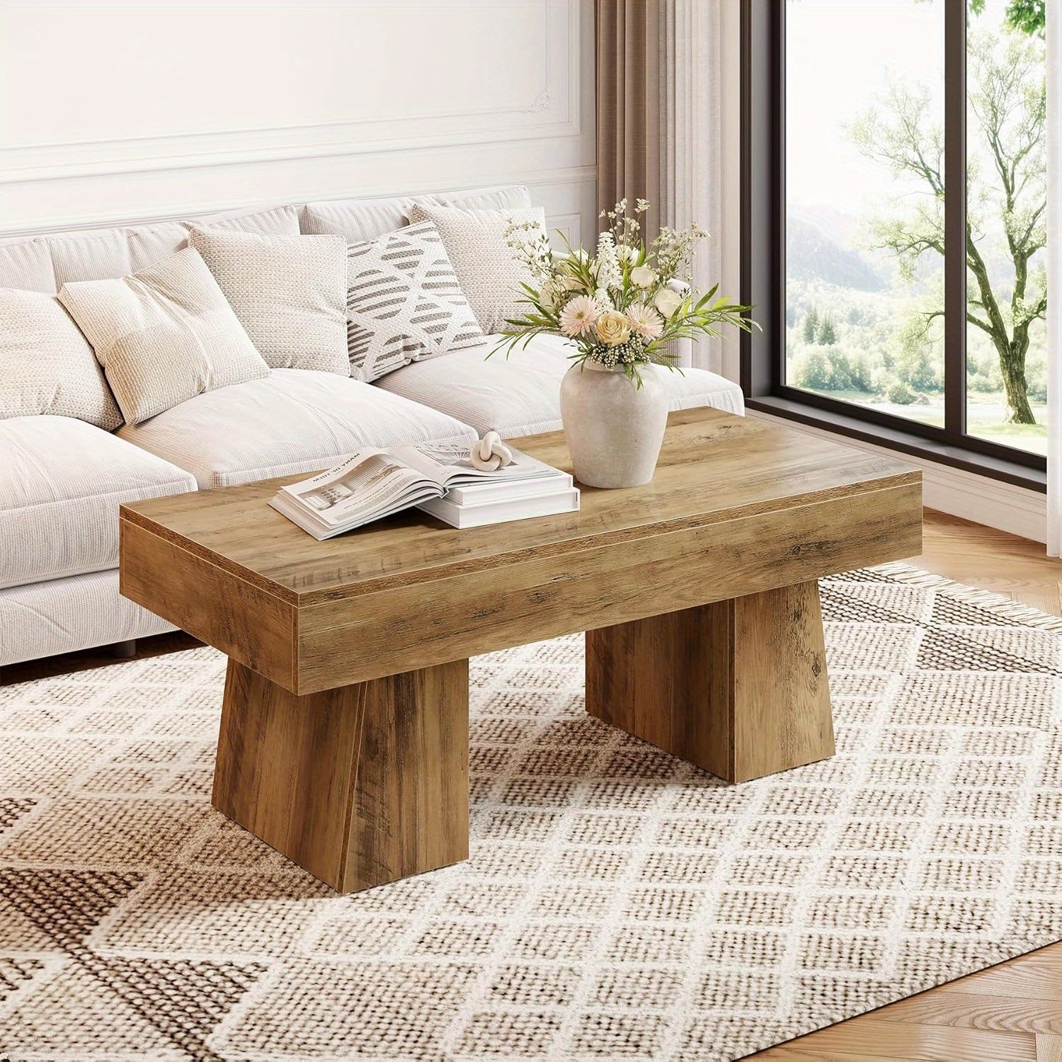 Table Basse de Ferme 47 Pouces - Design Rustique Brun en Bois Ingénieré, Base Épaisse et Solide, Modèle Moderne Rectangulaire pour Salon, Montage Facile (Construction MDF & Bois Massif)