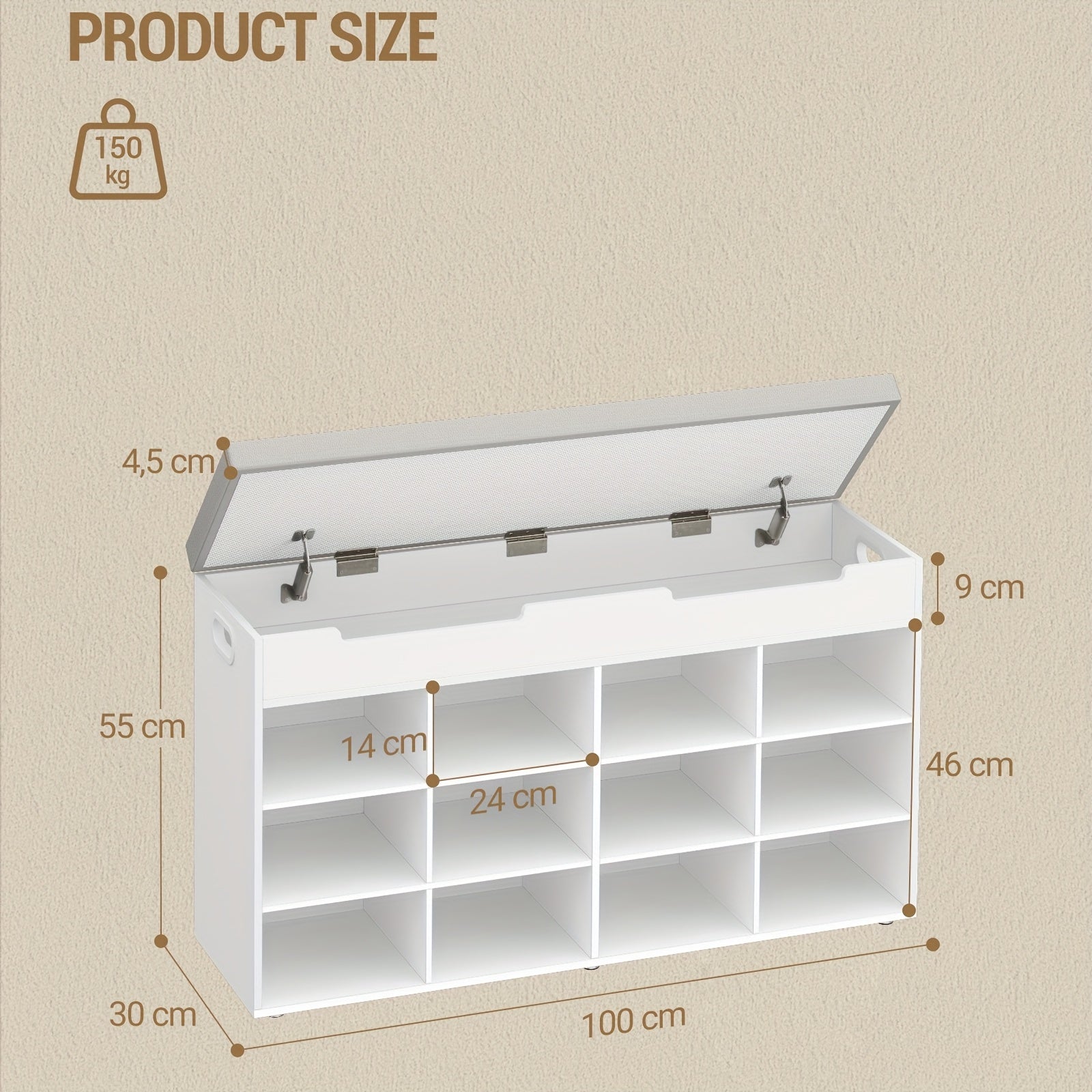 Banquette à Chaussures, Étagère à Chaussons avec Siège, Banc avec Espace de Rangement, 12 Compartiments, Étages Amovibles, Adaptée pour Salon, Entrée, Gain de Place, 30 x 100 x 55,4 cm, Blanc