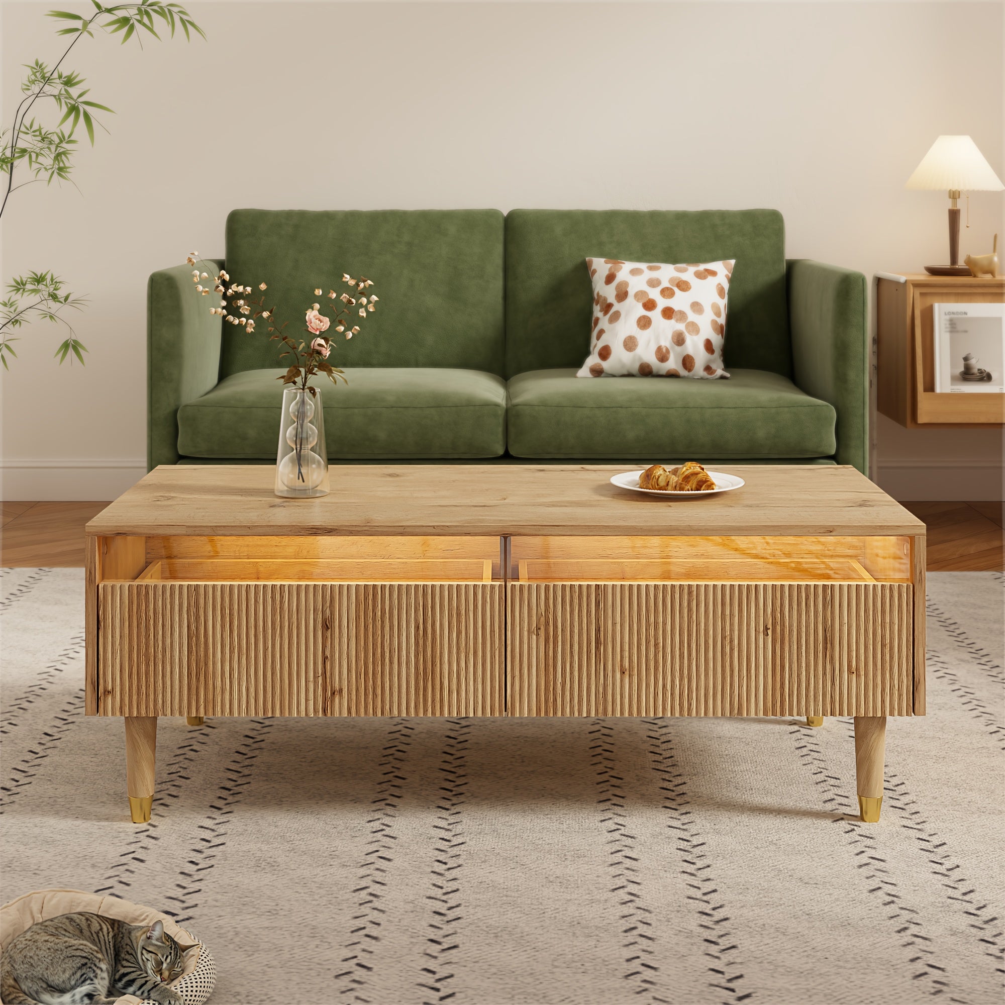 Table Basse Moderne en Bambou avec Dessus à Tiroirs Ondulés, Deux Tiroirs de Rangement, Pieds Dorés et Finition Naturelle - Meuble Minimaliste Gain de Place pour Salon, Chambre ou Bureau - Montage Facile Requis