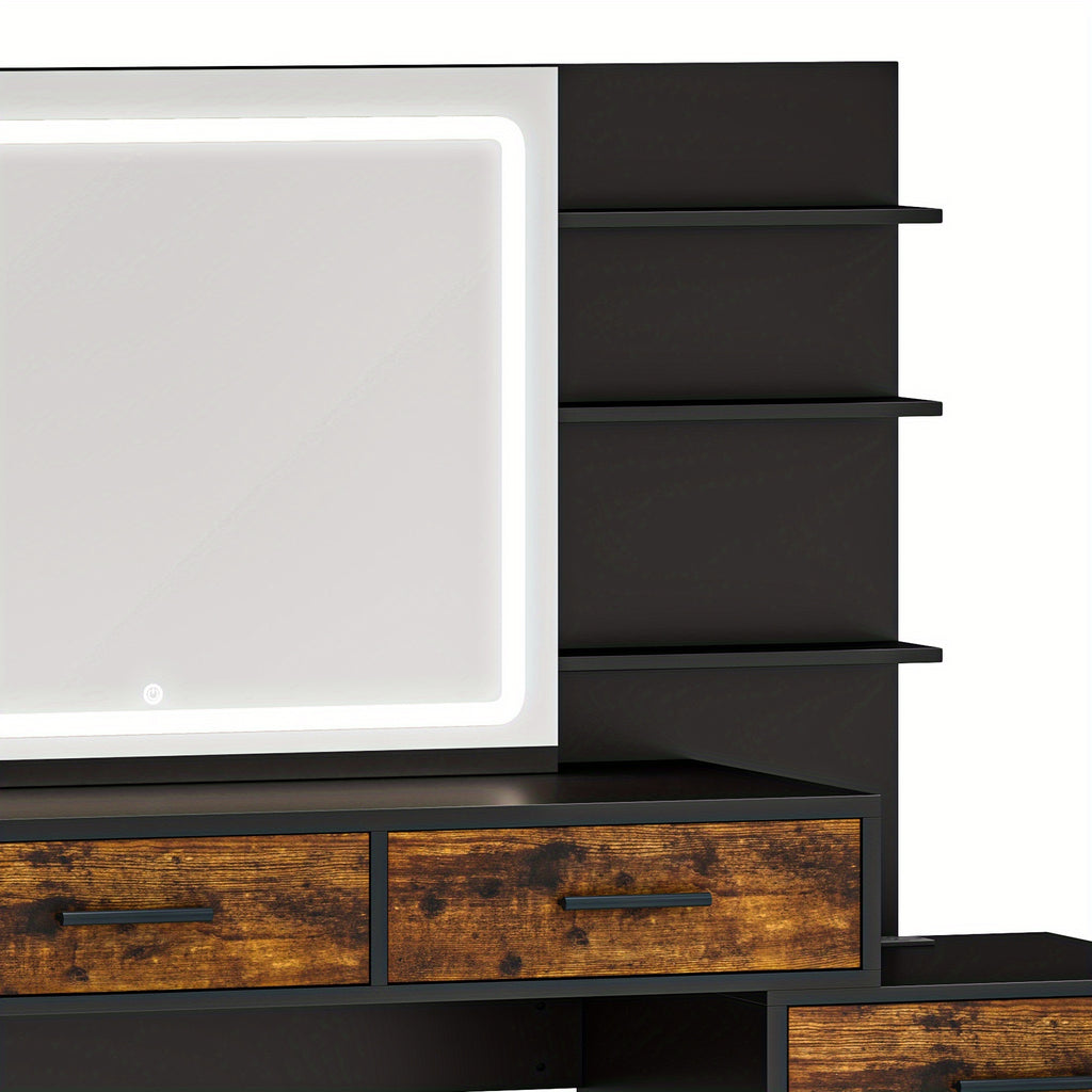 Coiffeuse Moderne avec Miroir LED - Table de Maquillage à 5 Tiroirs et Prise Électrique, Conception en Bois Massif (Brun Foncé/Noir) pour Chambre ou Salon - Surface Durable, Assemblage Facile, Intégration d'Électricité, Grain de Bois Élégant