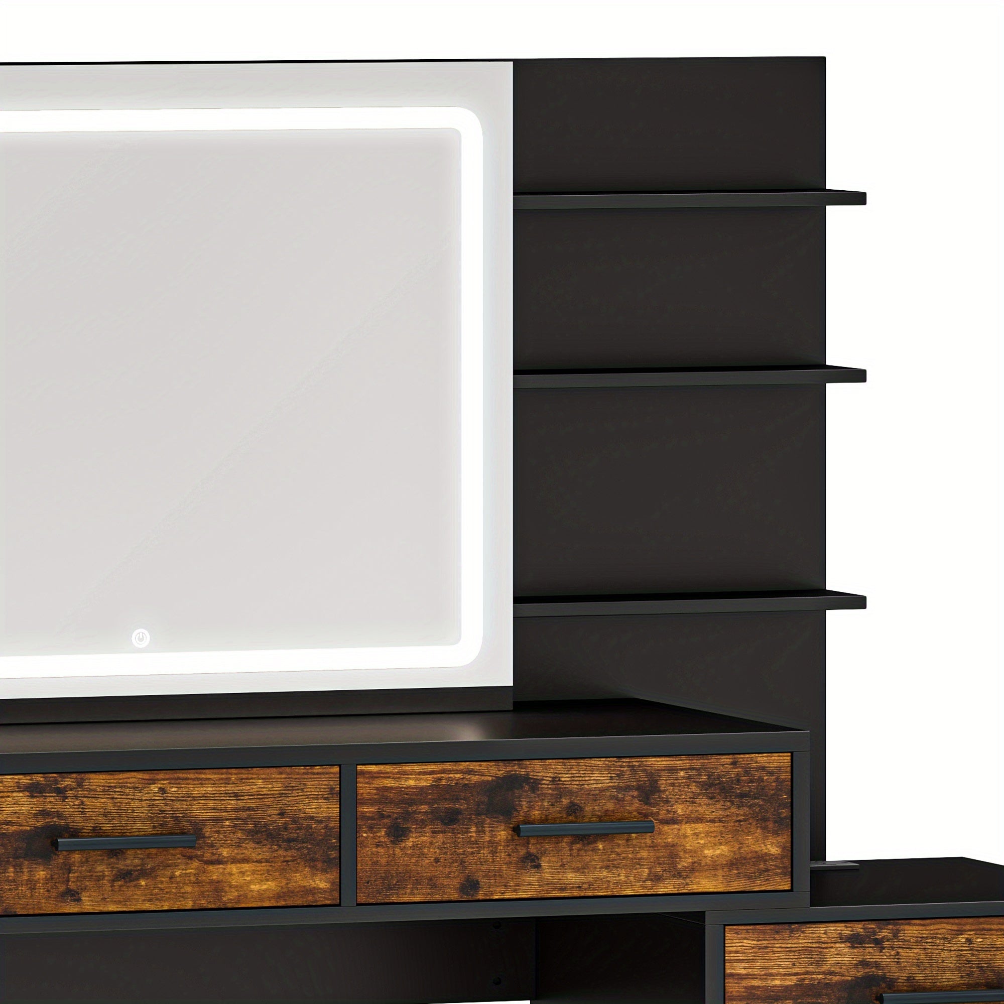 Coiffeuse Moderne avec Miroir LED - Table de Maquillage à 5 Tiroirs et Prise Électrique, Conception en Bois Massif (Brun Foncé/Noir) pour Chambre ou Salon - Surface Durable, Assemblage Facile, Intégration d'Électricité, Grain de Bois Élégant