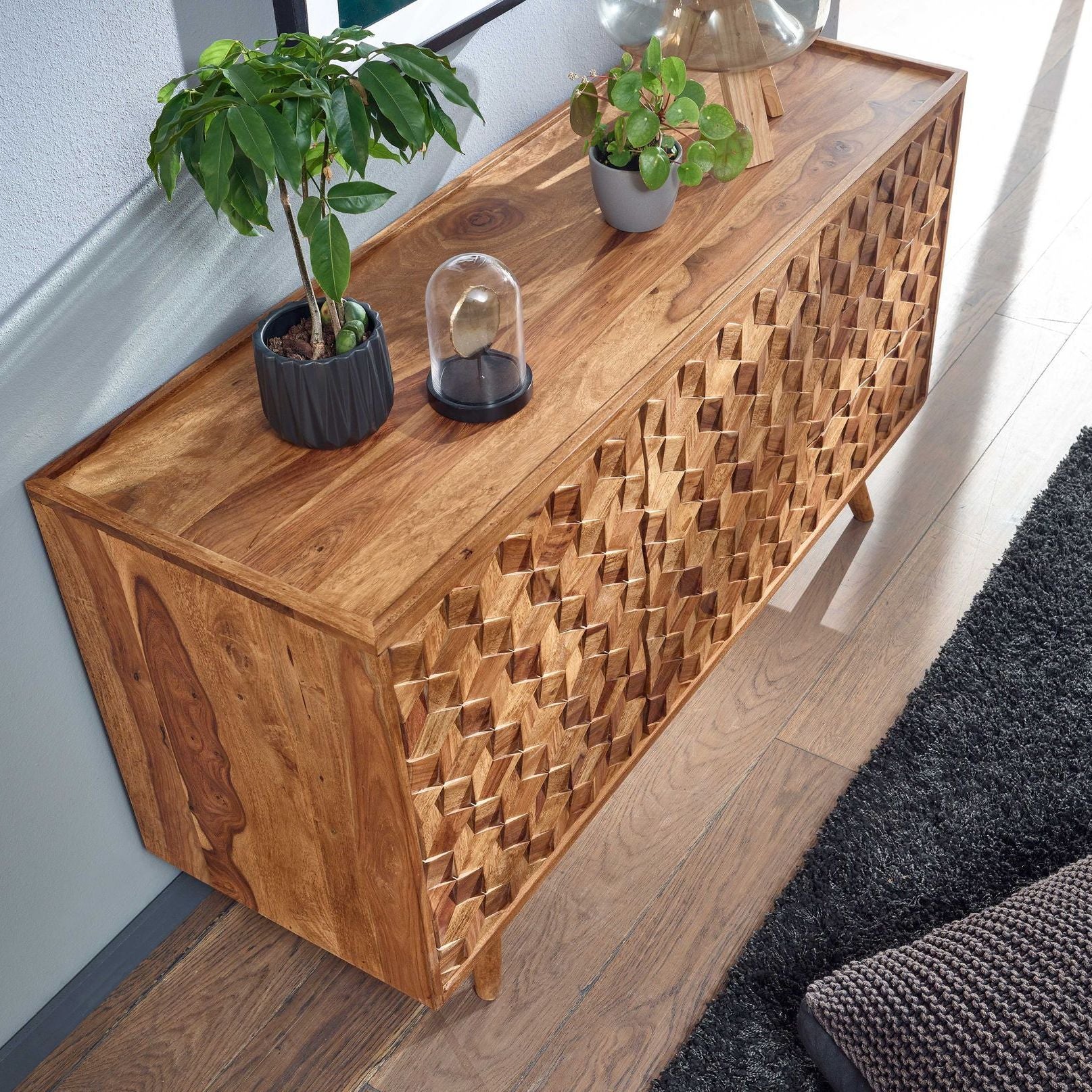 Buffet en Bois Massif 140cm Sheesham Naturel avec 2 Portes & 3 Tiroirs Design Rétro