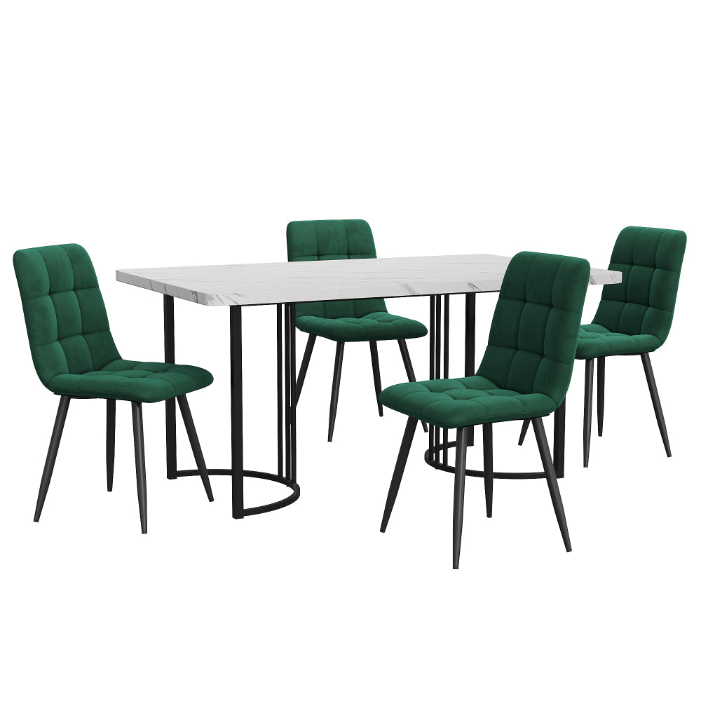 5pcs Dining Table And Chair Set, 1 Table 140X80X75Cm+4 Chairs 44X41X86Cm, Three Table Styles to Choose From, Metal Legs+Mdf Tabletop, Dark Green Velvet Material Chair Surface, Small Apartment Dining Table Set, Dining Table And Chair Set, Light Luxury Des