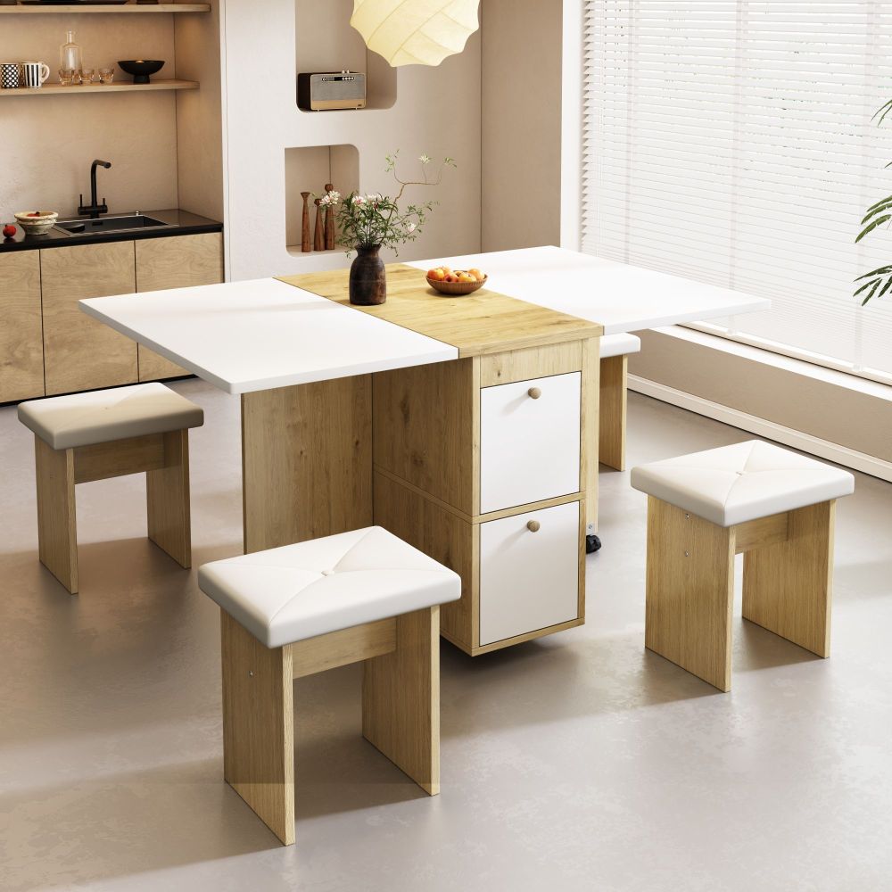 Ensemble de table à manger (table + 4 chaises), table pliable et rétractable, 120*80*75 cm, multifonctionnelle, idéale pour salon, restaurant, cuisine, salle à manger, café, salle de réunion, etc. Disponible en blanc + chêne/noir.