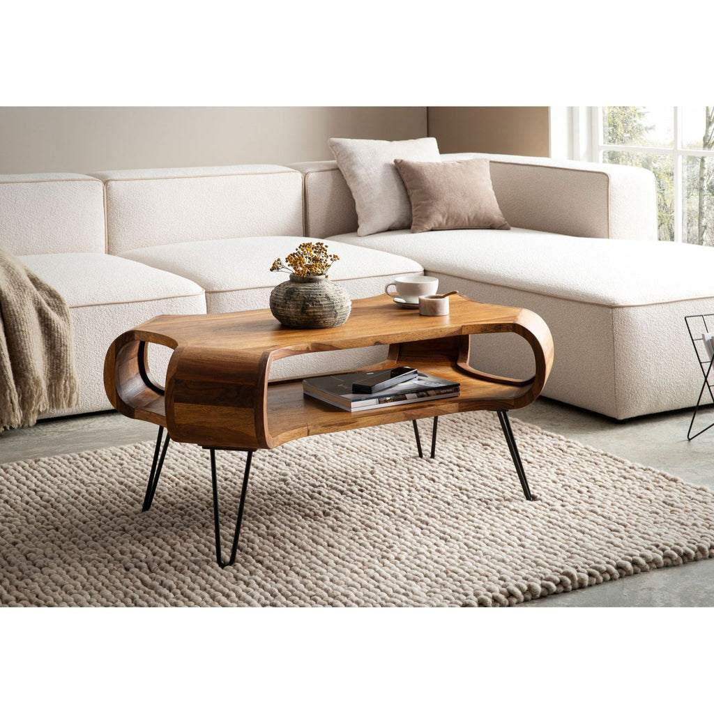 Table basse rectangulaire en bois massif Sheesham avec rangement, dimensions 100x60x47 cm, pieds en métal et patins, idéale pour salon