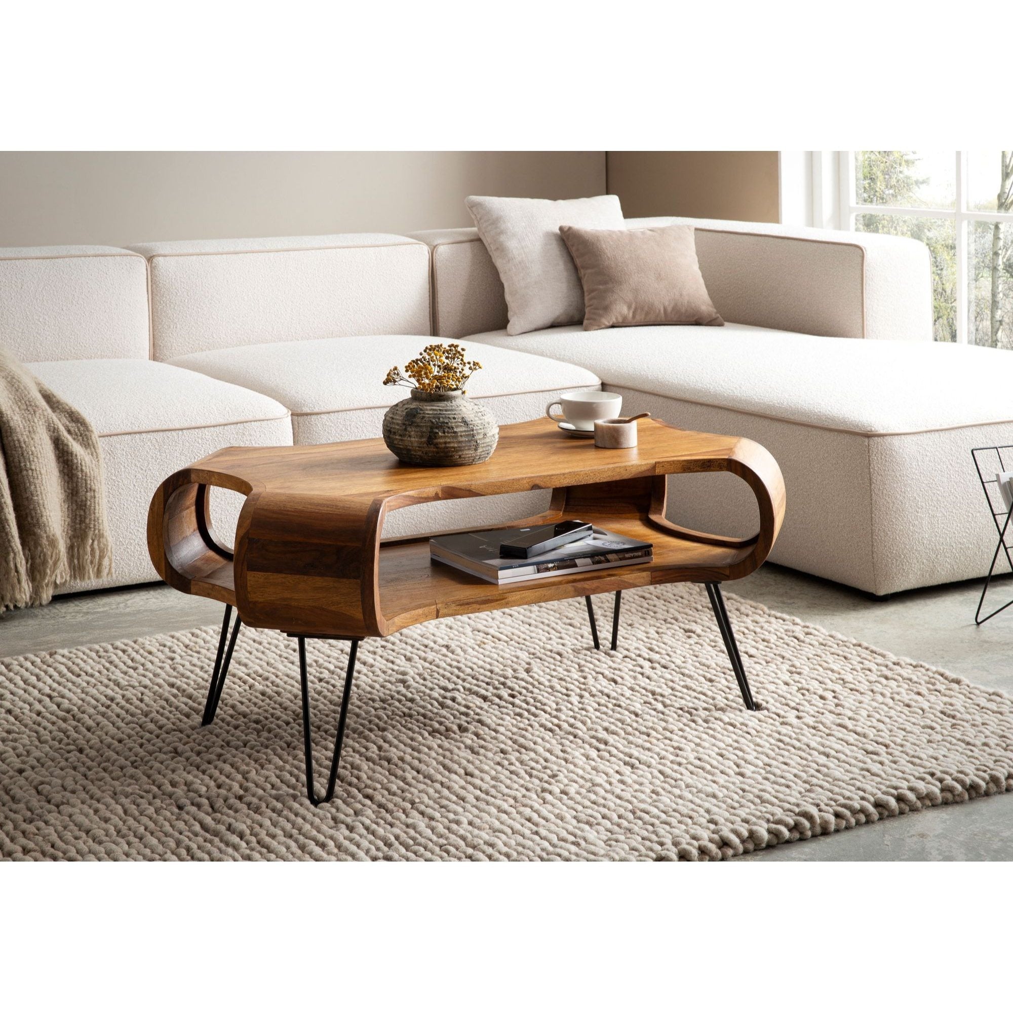 Table basse rectangulaire en bois massif Sheesham avec rangement, dimensions 100x60x47 cm, pieds en métal et patins, idéale pour salon