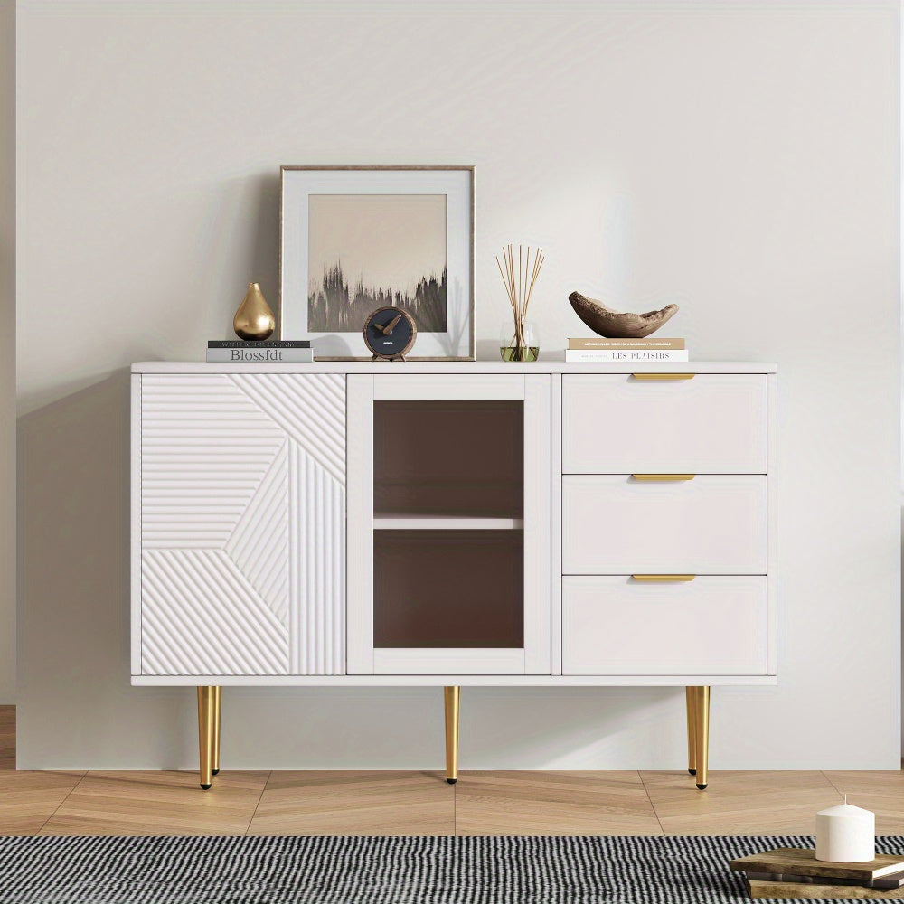 Organisateur d'entrée, commode à 3 tiroirs et 2 portes avec pieds métalliques et vitres, blanc, dimensions : 120 x 38 x 79,5 cm, répond à vos besoins de rangement et embellit votre vie !