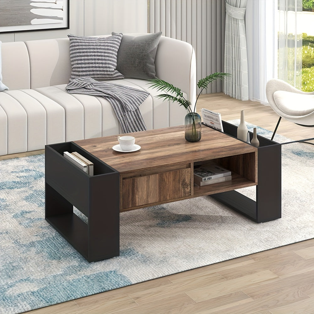 Table à Thé avec Grain de Bois, Table de Salon avec Espace de Rangement Abondant: Équipée d'1 Tiroir et 2 Compartiments de Rangement, Convient pour le Salon et le Bureau à la Maison