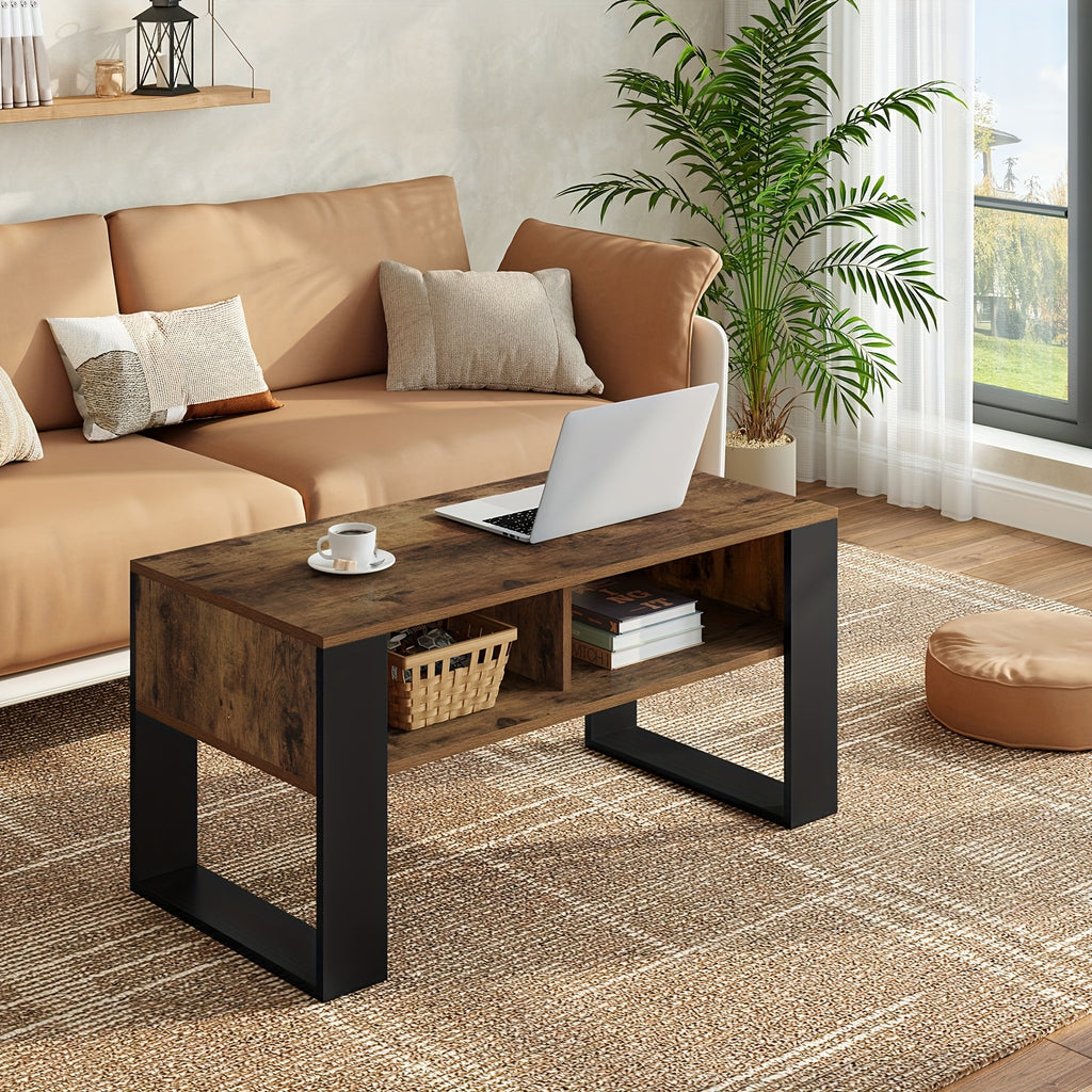 1pc table basse avec espace de rangement, 2 compartiments ouverts, table d'appoint pour salon, table moderne rectangulaire, table de canapé, chêne clair noir