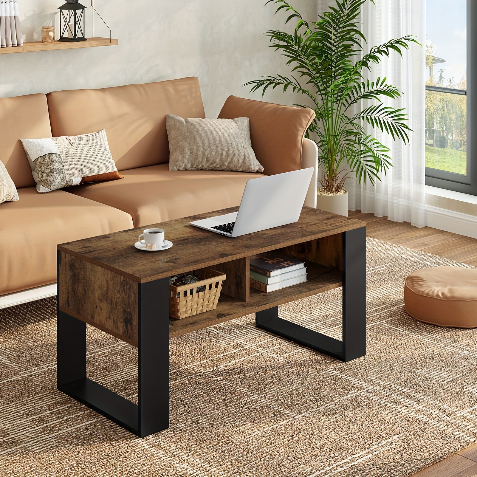 1pc table basse avec espace de rangement, 2 compartiments ouverts, table d'appoint pour salon, table moderne rectangulaire, table de canapé, chêne clair noir