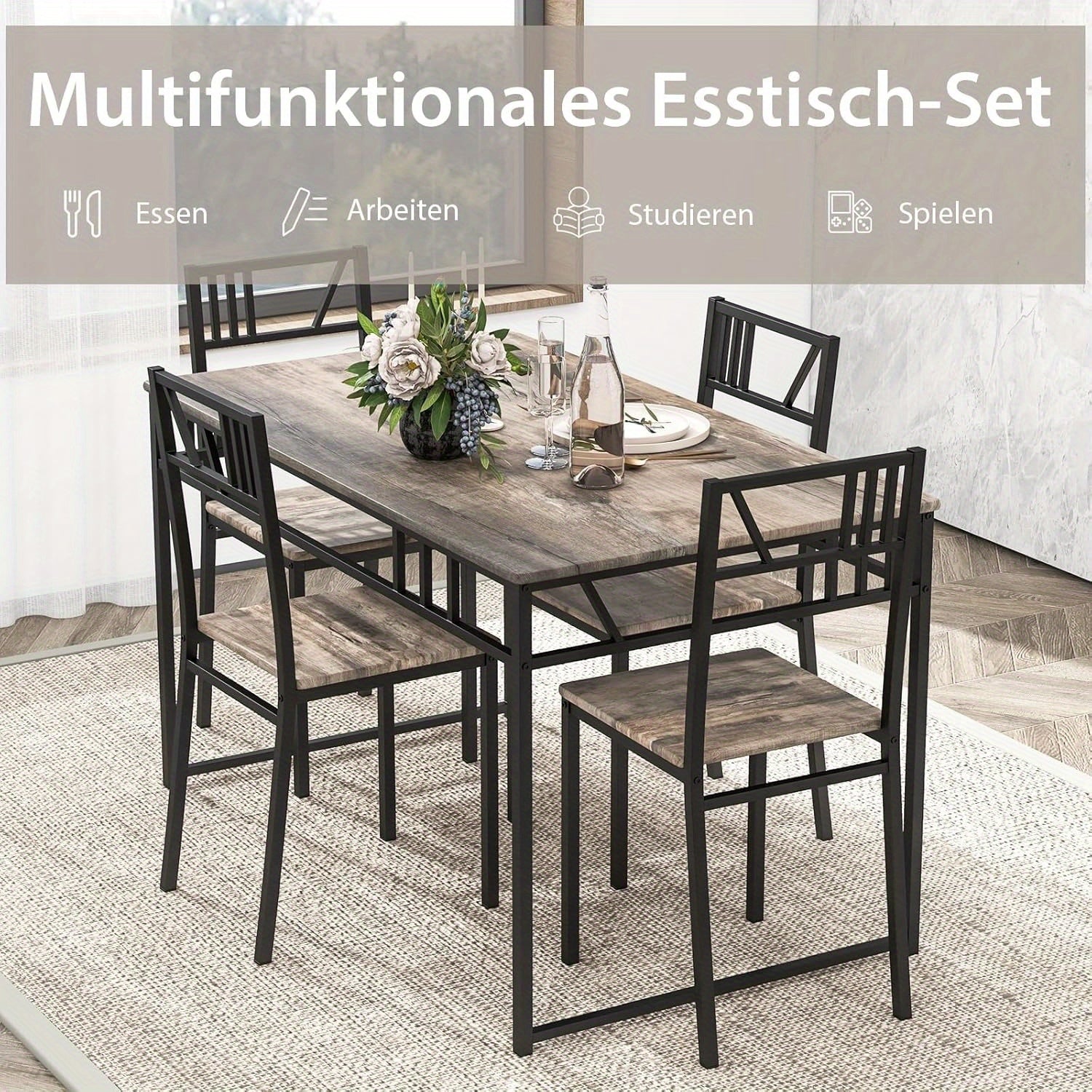 Ensemble de Table à Manger 5 Pièces, Table Industrielle avec Plateau en Simili Bois et Cadre Métallique & 4 Chaises