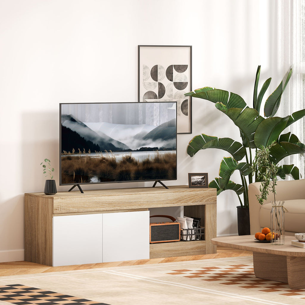 HOMCOM Meuble TV meuble télé bois banc TV pour téléviseur jusqu' à 60 pouces avec placard à 2 portes et compartiment ouvert pour salon chambre à coucher, 140 x 40 x 48 cm, effet bois naturel