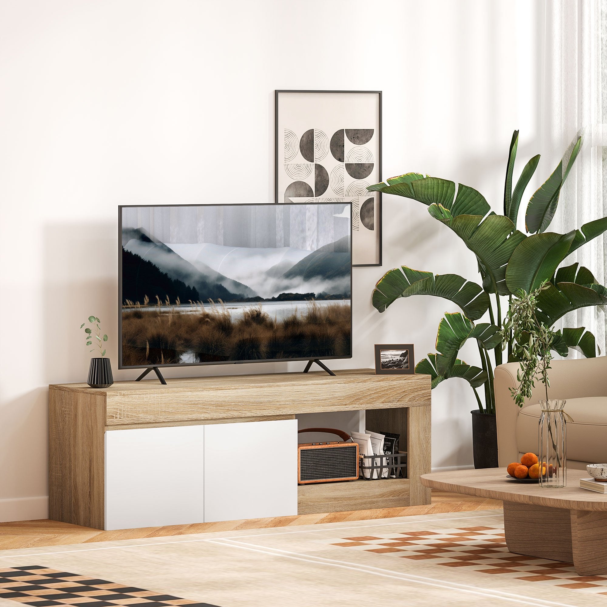 HOMCOM Meuble TV meuble télé bois banc TV pour téléviseur jusqu' à 60 pouces avec placard à 2 portes et compartiment ouvert pour salon chambre à coucher, 140 x 40 x 48 cm, effet bois naturel