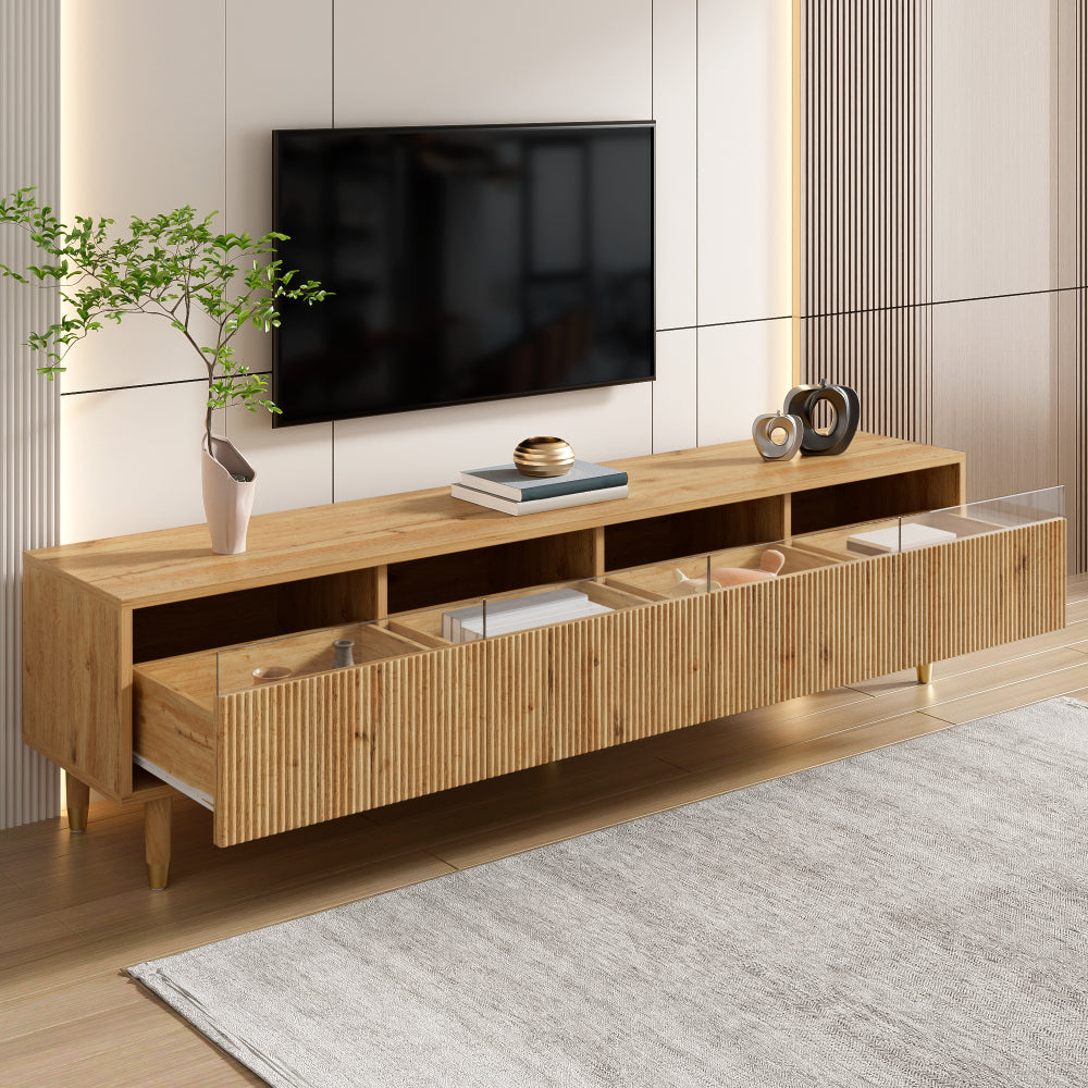 178L X 35W X 45H Armoire TV Moderne en Bois, Design Minimaliste, Armoire Moderne sur Pied, Grand Espace de Rangement, avec 4 Tiroirs, Meuble TV en MDF et Acrylique à Bord Bas, Panneau de Buffet, Table TV de Style Nordique, Meuble TV Bas de Salon, Armoire