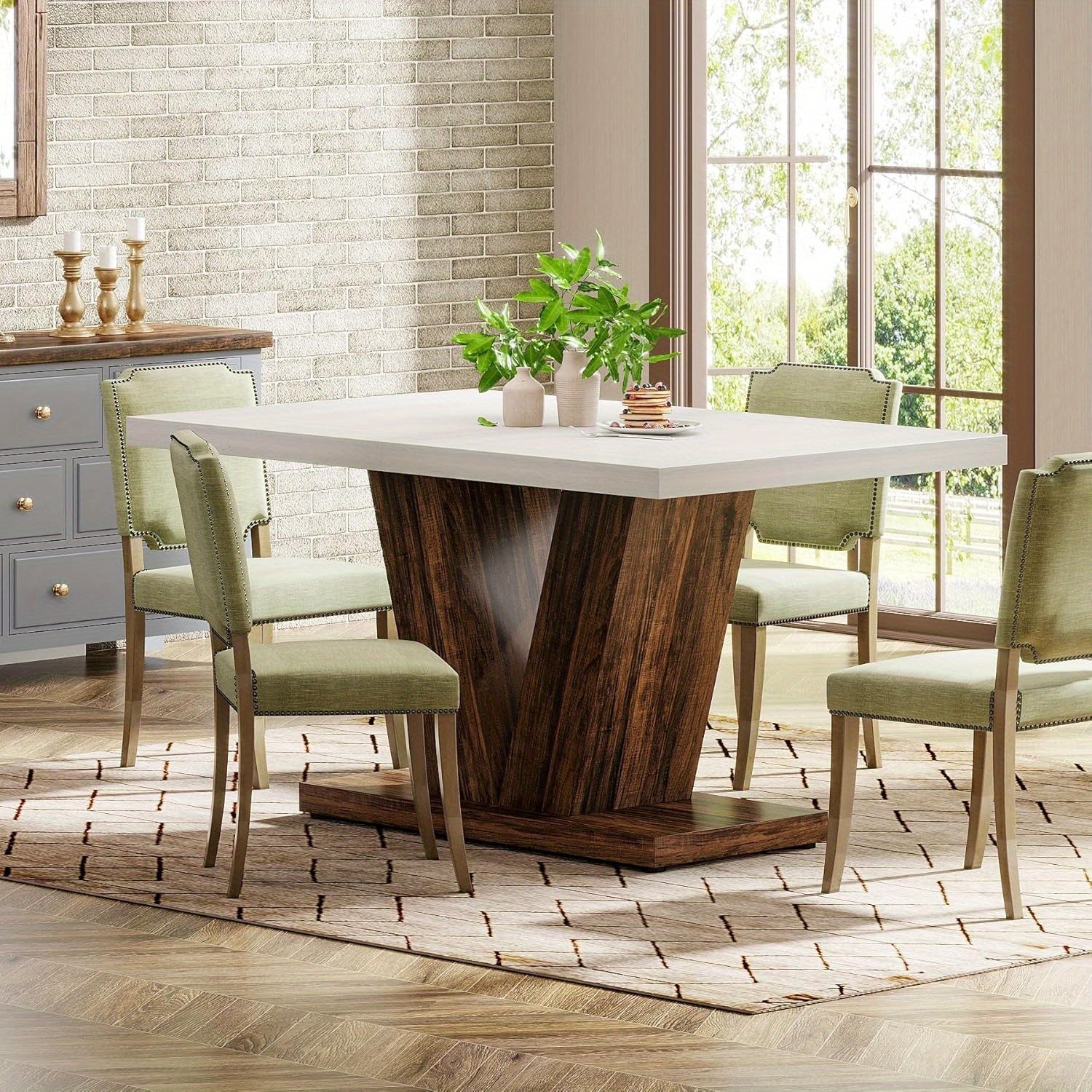 Table à Manger de 47 Pouces pour 4 Personnes - Table Blanche avec Base en Piédestal Robuste, Style Ferme Boisée Pour Salle À Manger ou Cuisine Finition Espacement Noir et Marron, Table à Manger, Grande Table à Manger, Table de Salle à Manger