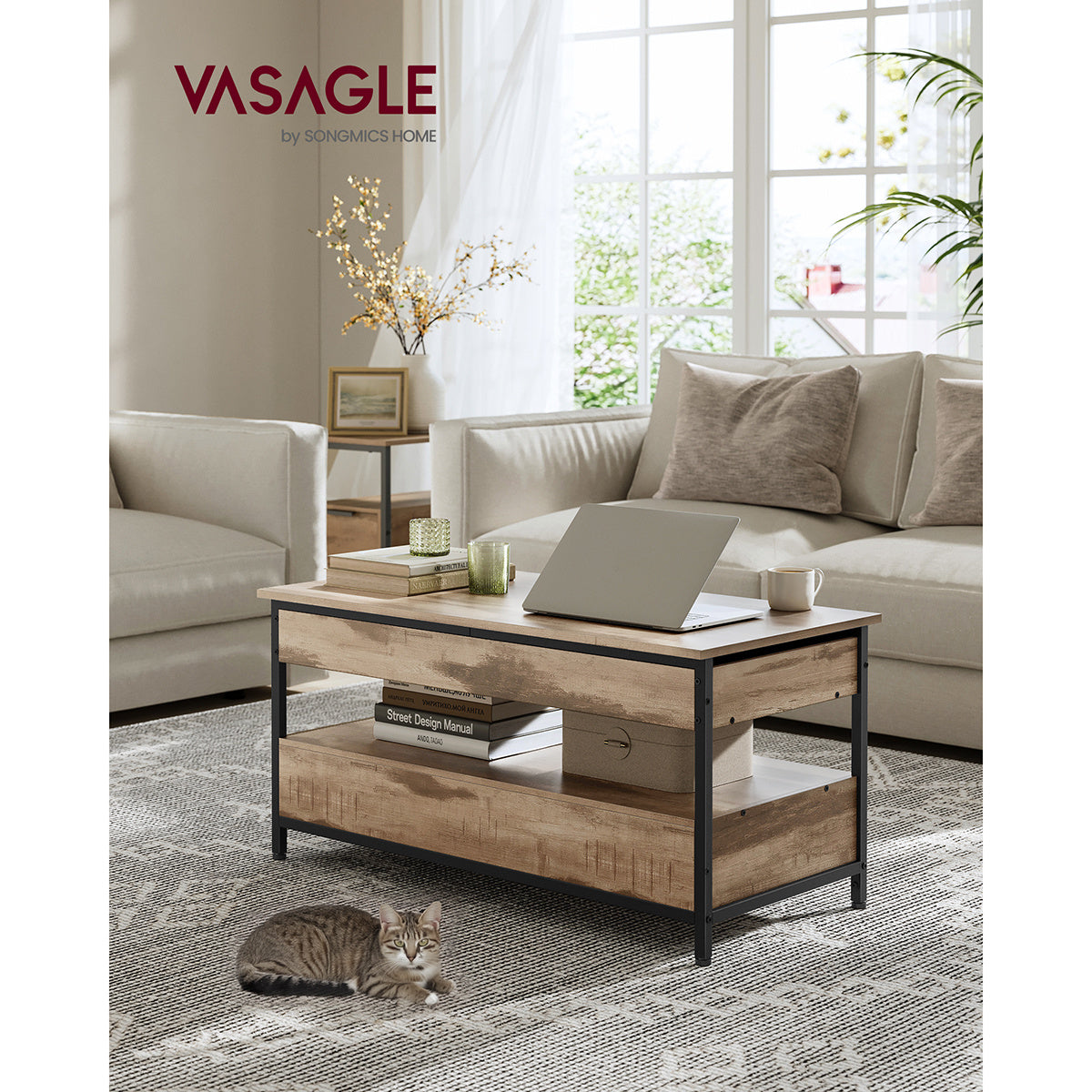 Table Basse Industrielle VASAGLE avec Tiroirs de Rangement et Compartiment Caché - Mécanisme de Levage Robuste, Cadre en Acier Solide & Panneau de Particules, Table Centrale Moderne pour Salon ou Bureau, Organisateur Gain de Place à Montage Facile