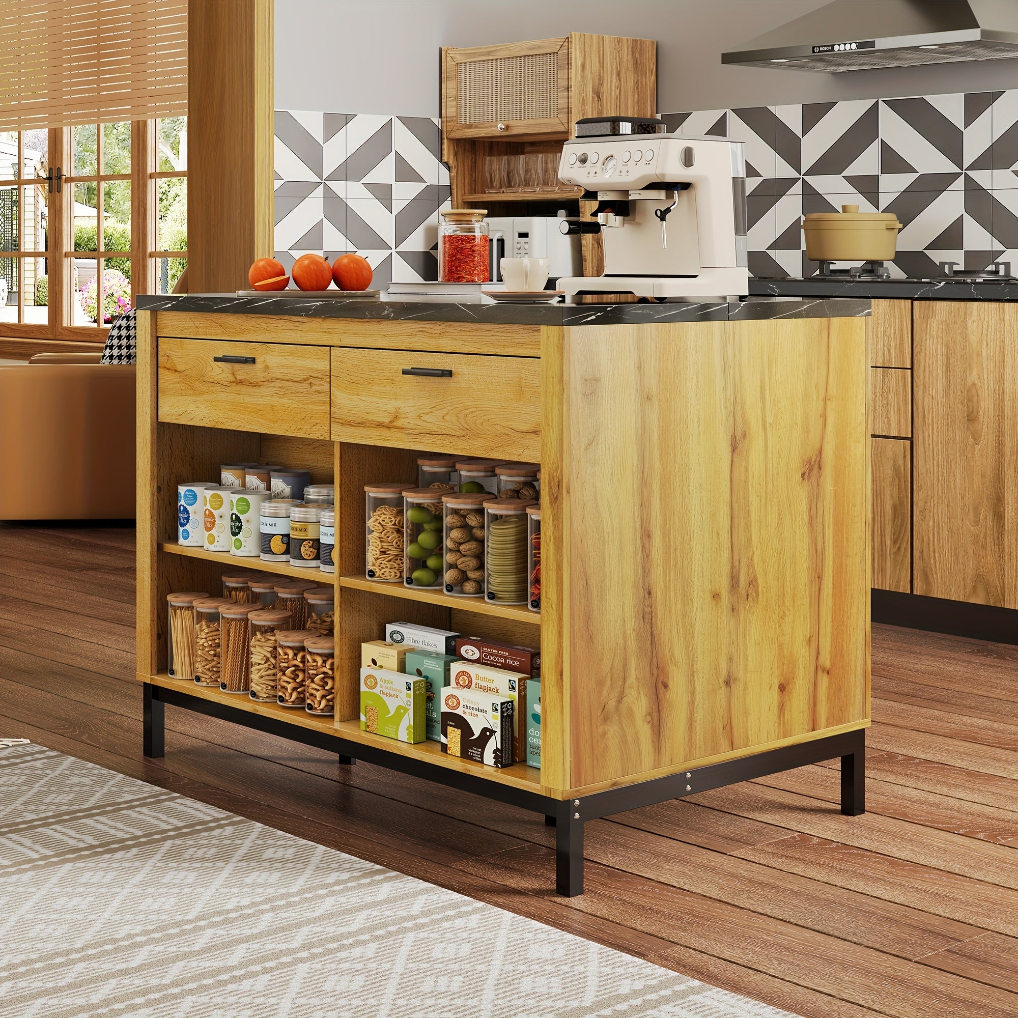 Îlot de cuisine style campagne 120×75×90 cm, avec 2 tiroirs et 4 étagères ouvertes, plateau en marbre noir & cadre métallique pour bar, Îlot avec Rangement et Assise, Îlot de cuisine avec rangement et sièges, Îlot de cuisine avec sièges, Îlot de cuisine