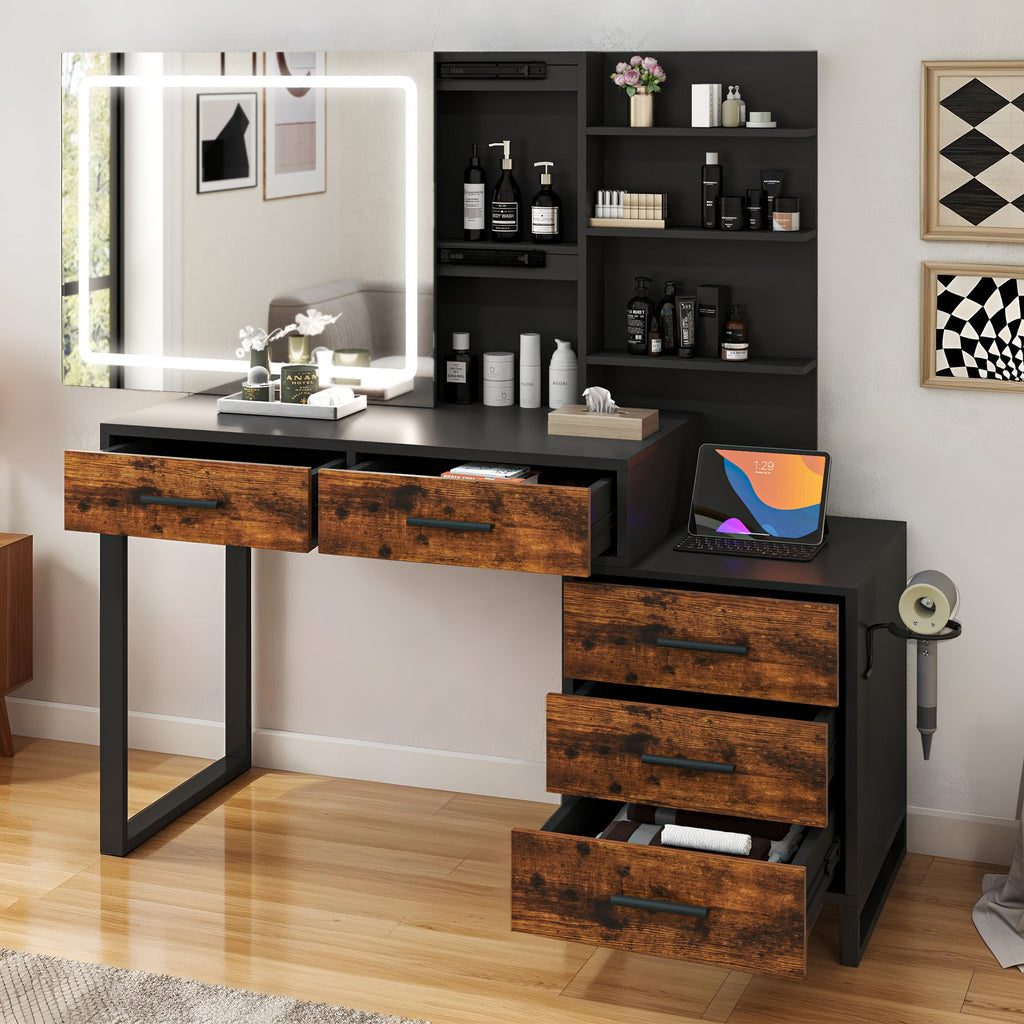 Coiffeuse Moderne avec Miroir LED - Table de Maquillage à 5 Tiroirs et Prise Électrique, Conception en Bois Massif (Brun Foncé/Noir) pour Chambre ou Salon - Surface Durable, Assemblage Facile, Intégration d'Électricité, Grain de Bois Élégant