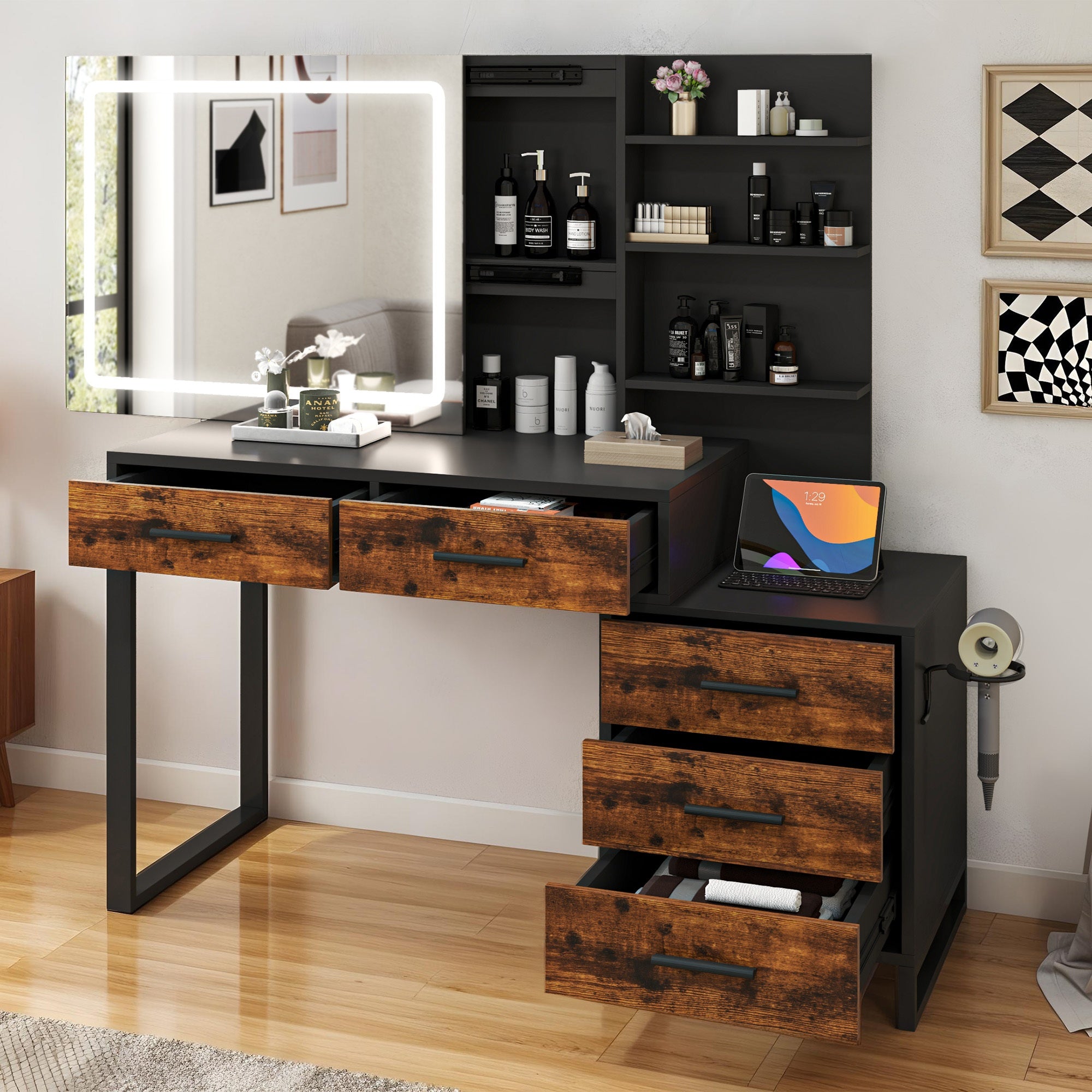 Coiffeuse Moderne avec Miroir LED - Table de Maquillage à 5 Tiroirs et Prise Électrique, Conception en Bois Massif (Brun Foncé/Noir) pour Chambre ou Salon - Surface Durable, Assemblage Facile, Intégration d'Électricité, Grain de Bois Élégant