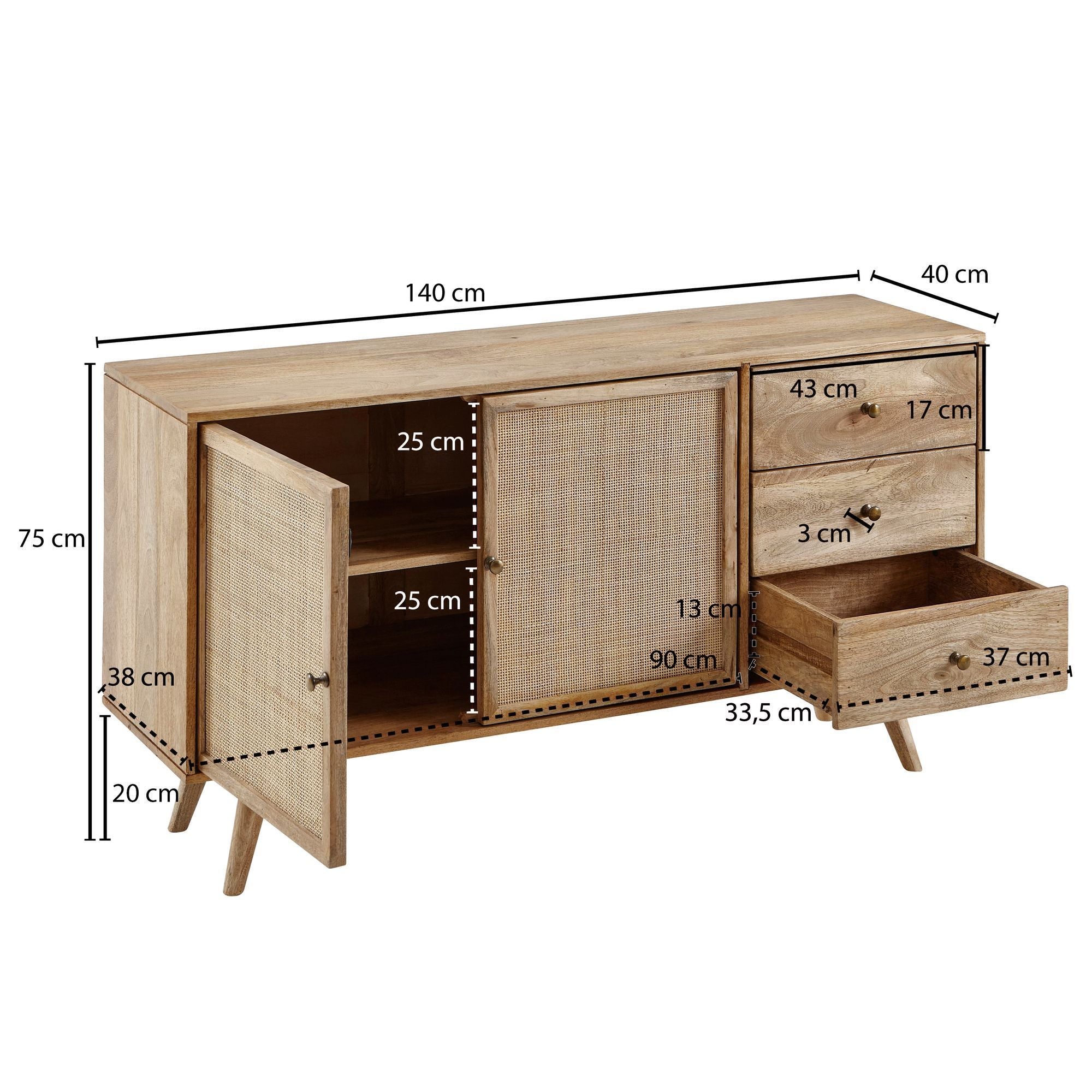 Buffet en Bois Massif 140cm avec 3 Tiroirs en Rotin Tressé Vienne et 2 Portes, Design Mango