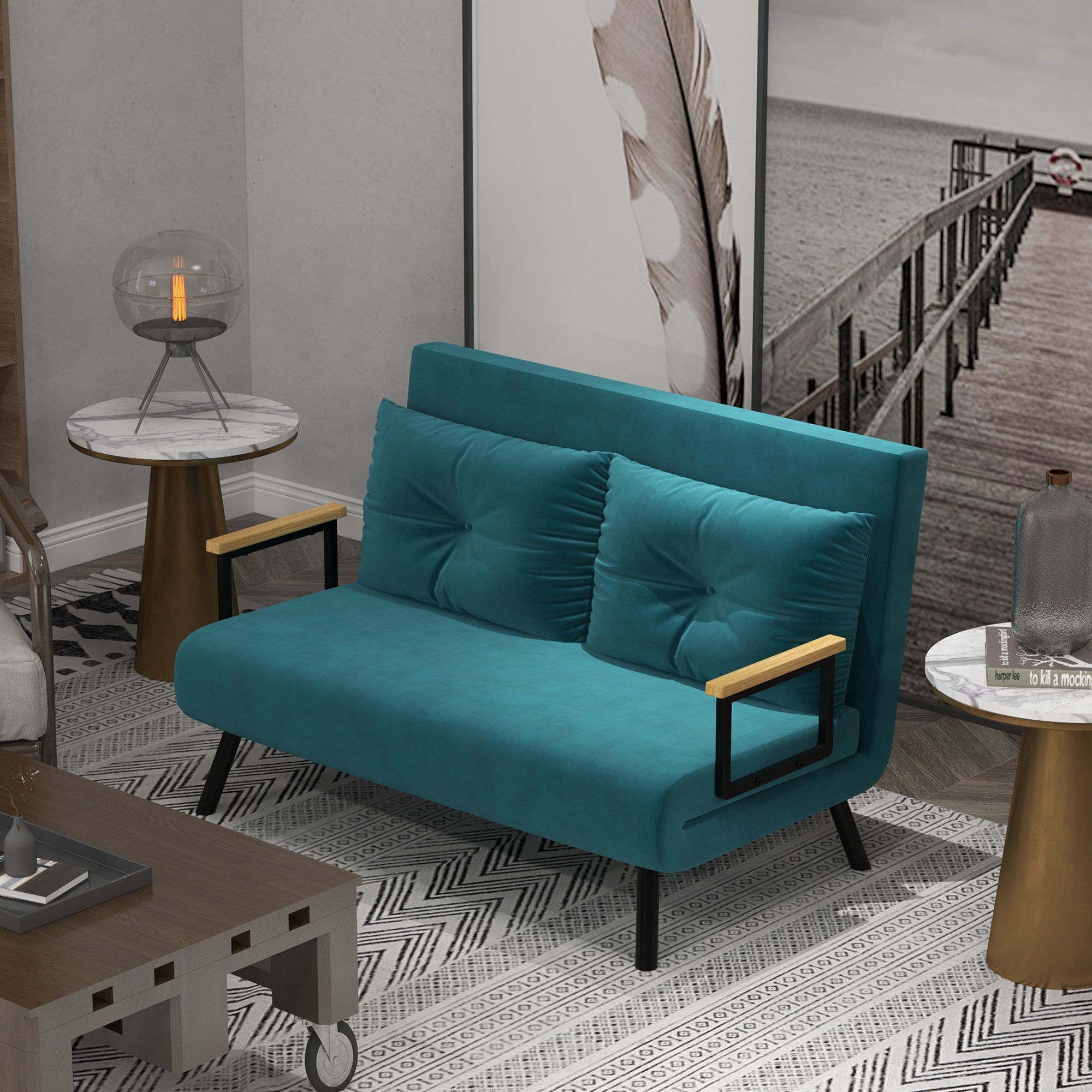 HOMCOM Canapé convertible 2 places canapé-lit pliant avec dossier réglable sur 5 niveaux et 2 coussins rembourrés, tissu effet velours pour salon, chambre d'amis, 102 x 73 x 81 cm, bleu foncé